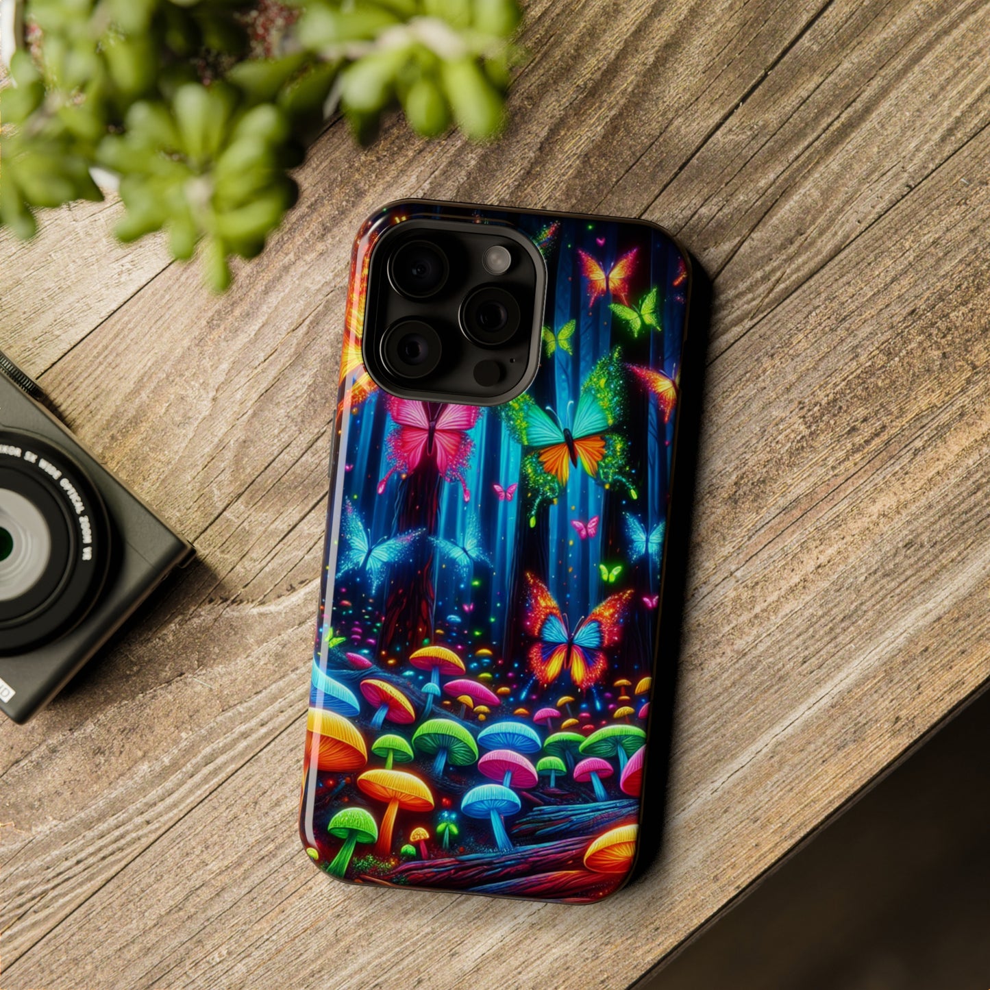 Neon Fantasia. Neon Butterflies and Mushrooms Premium Art Magsafe Magnet Tough IPhone 13 14 15 Pro Plus Max and Mini in Matte and Glossy Phone cases