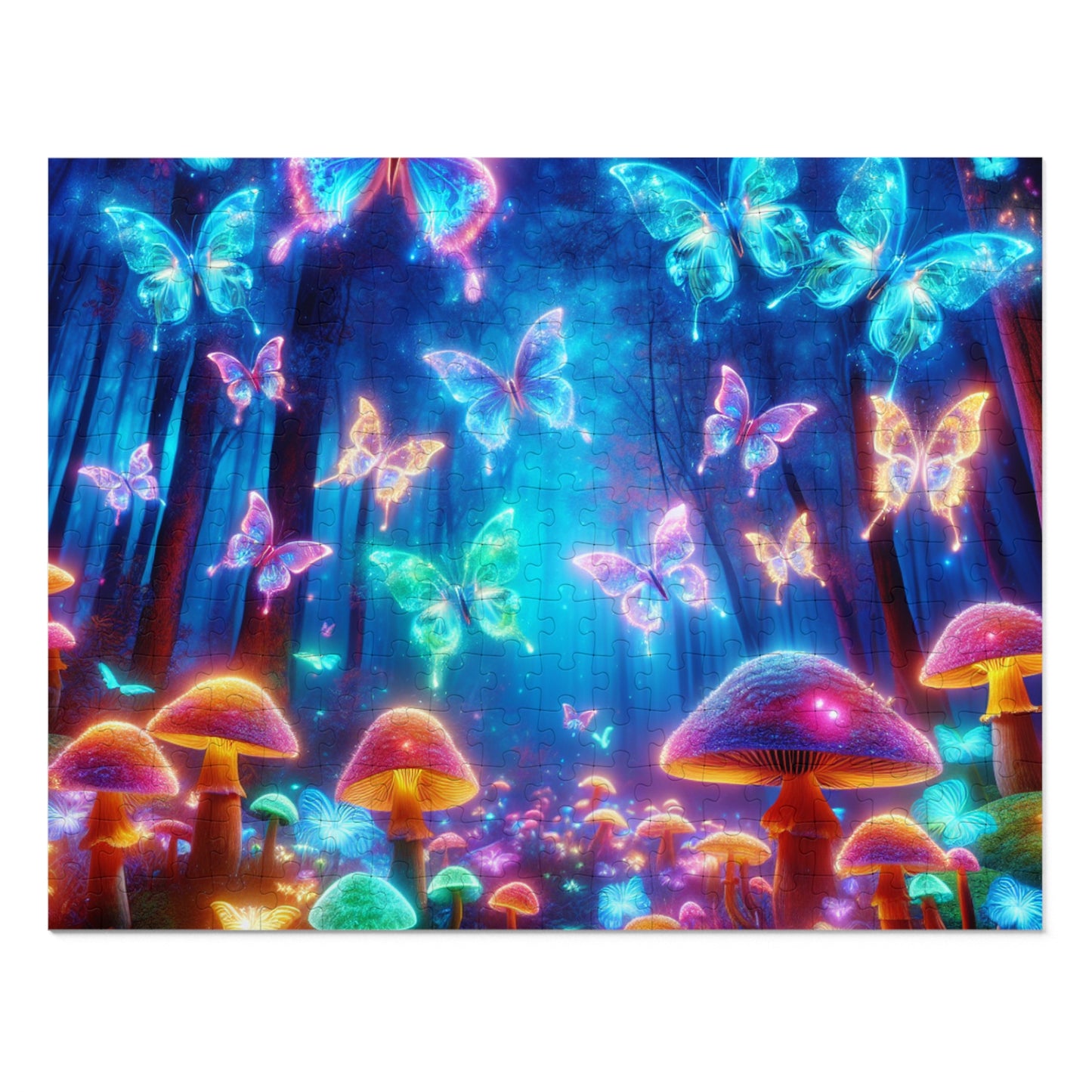 'Vibrant Neon Dreamscape' - Neon Butterflies and Mushrooms Puzzle 30, 110, 252, and 1000 Pieces