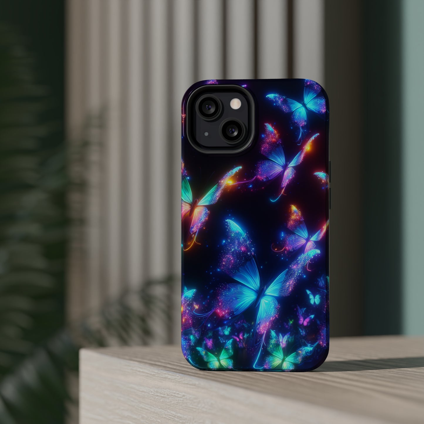 "Electrically Vivid Reverie" Neon Butterflies Premium Art Magsafe Magnet Tough IPhone 13 14 15 Pro Plus Max and Mini in Matte and Glossy Phone cases