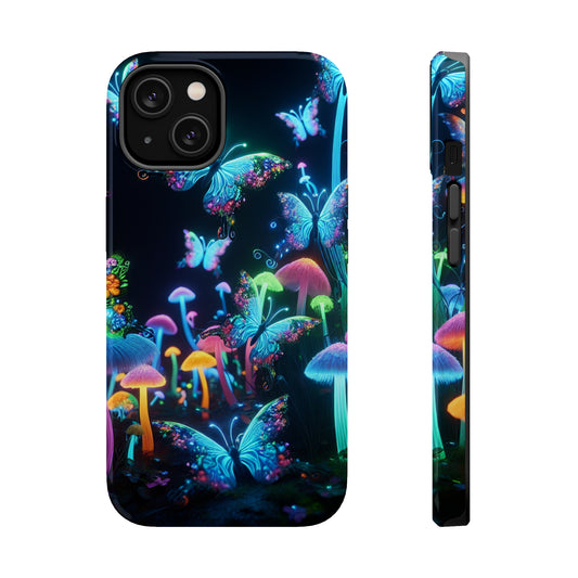 "Neon Dreamscape" Neon Butterflies and Mushrooms Premium Art Magsafe Magnet Tough IPhone 13 14 15 Pro Plus Max and Mini in Matte and Glossy Phone cases