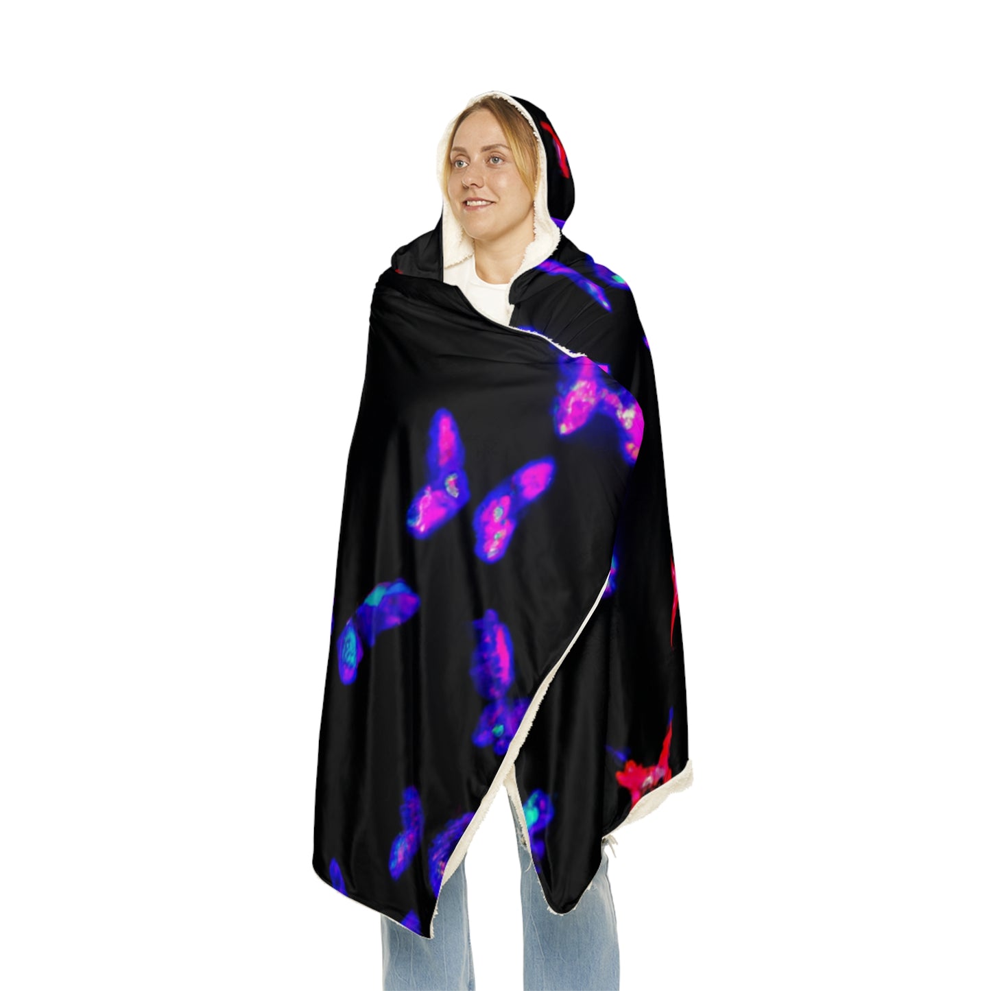 "Aurora of Neon Butterflies" - NEON Butterflies Art Hooded Snuggle Blanket
