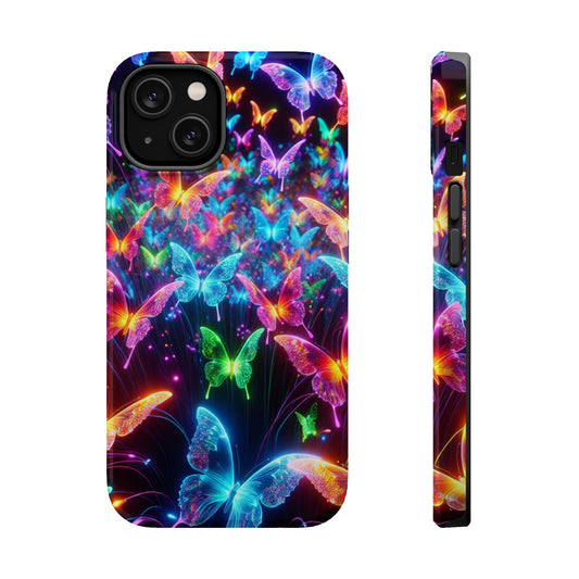 "Neon Flutterburst" Neon Butterflies Premium Art Magsafe Magnet Tough IPhone 13 14 15 Pro Plus Max and Mini in Matte and Glossy Phone cases