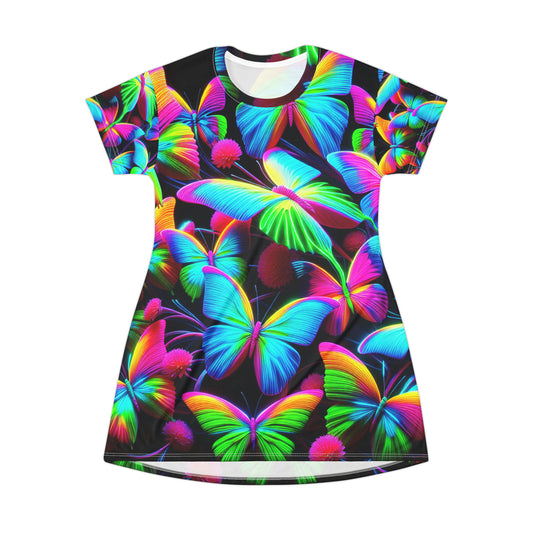 "Shimmering Prismatic Butterfly Flurry" Neon Butterflies Womans T Shirt Dress