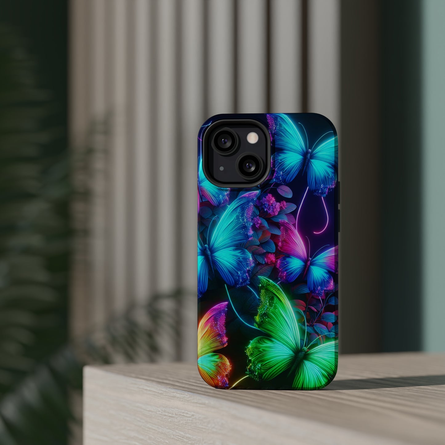 Neon Flutter Symphony Neon Butterflies Premium Art Magsafe Magnet Tough IPhone 13 14 15 Pro Plus Max and Mini in Matte and Glossy Phone cases