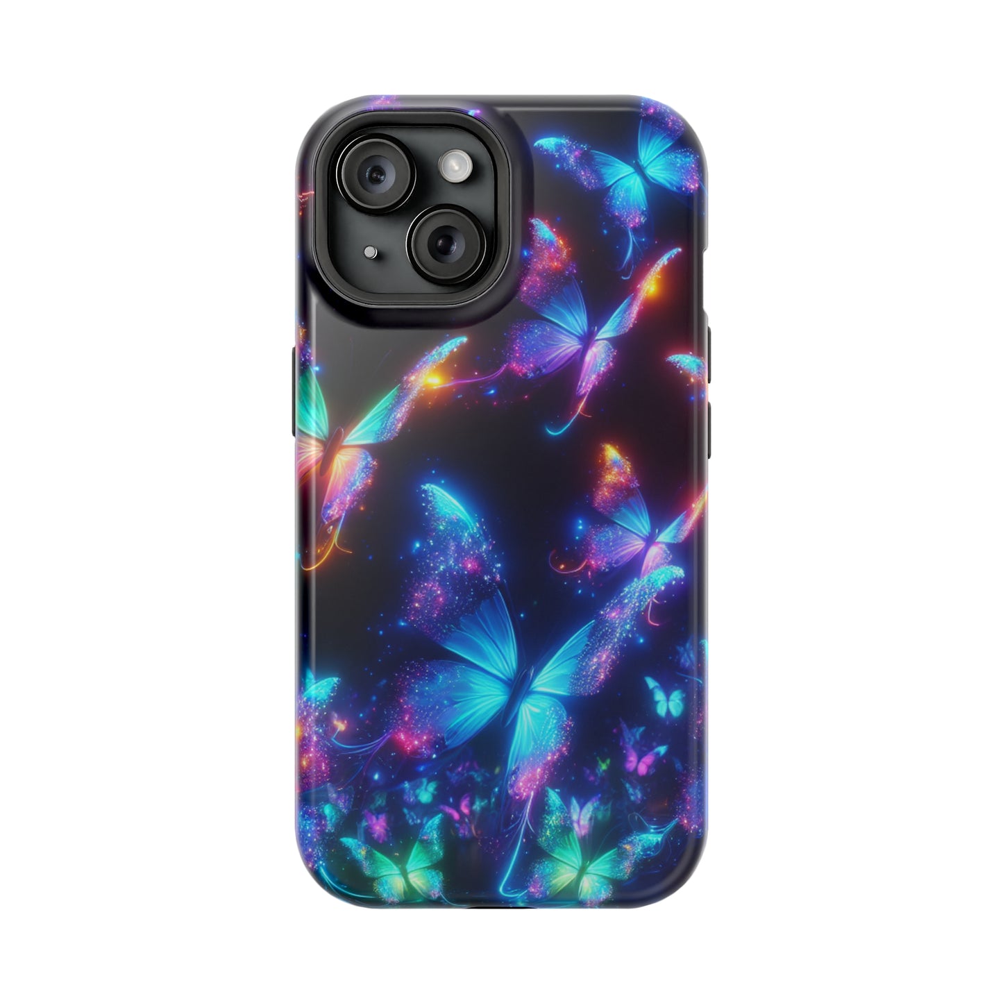 "Electrically Vivid Reverie" Neon Butterflies Premium Art Magsafe Magnet Tough IPhone 13 14 15 Pro Plus Max and Mini in Matte and Glossy Phone cases