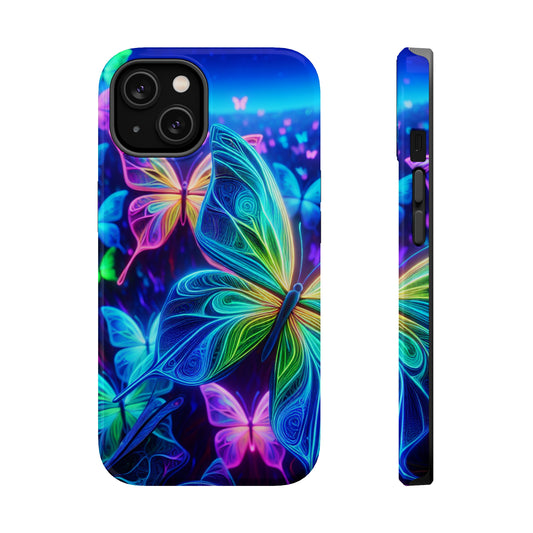 'Serene Spectacle of Neon Butterflies' Neon Butterflies Premium Art Magsafe Magnet Tough IPhone 13 14 15 Pro Plus Max and Mini in Matte and Glossy Phone cases