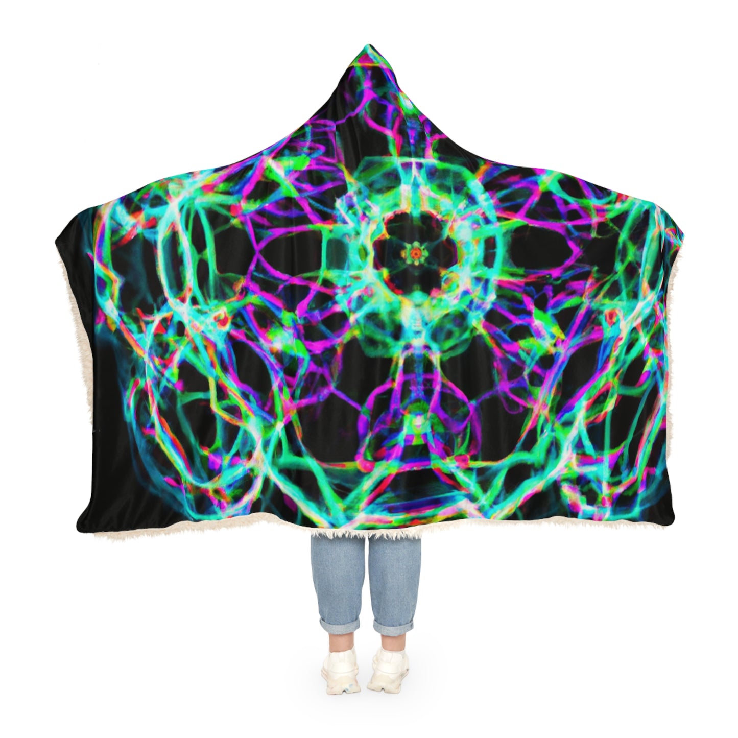 Vivid Neon Cyberspace Maze - NEON Infinity Patterns Art Hooded Snuggle Blanket