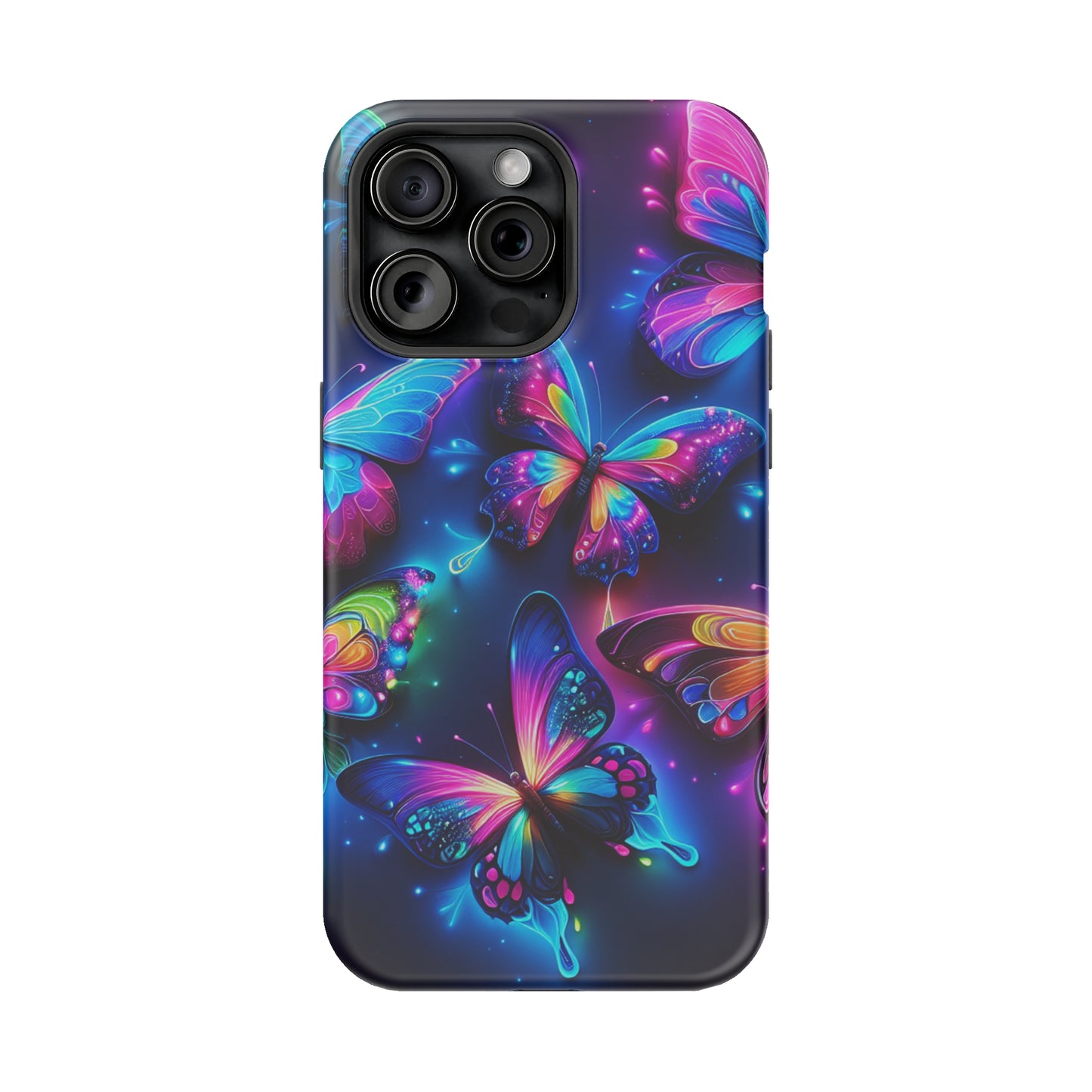 "Neon Butterfly Muster" Neon Butterflies Premium Art Magsafe Magnet Tough IPhone 13 14 15 Pro Plus Max and Mini in Matte and Glossy Phone cases