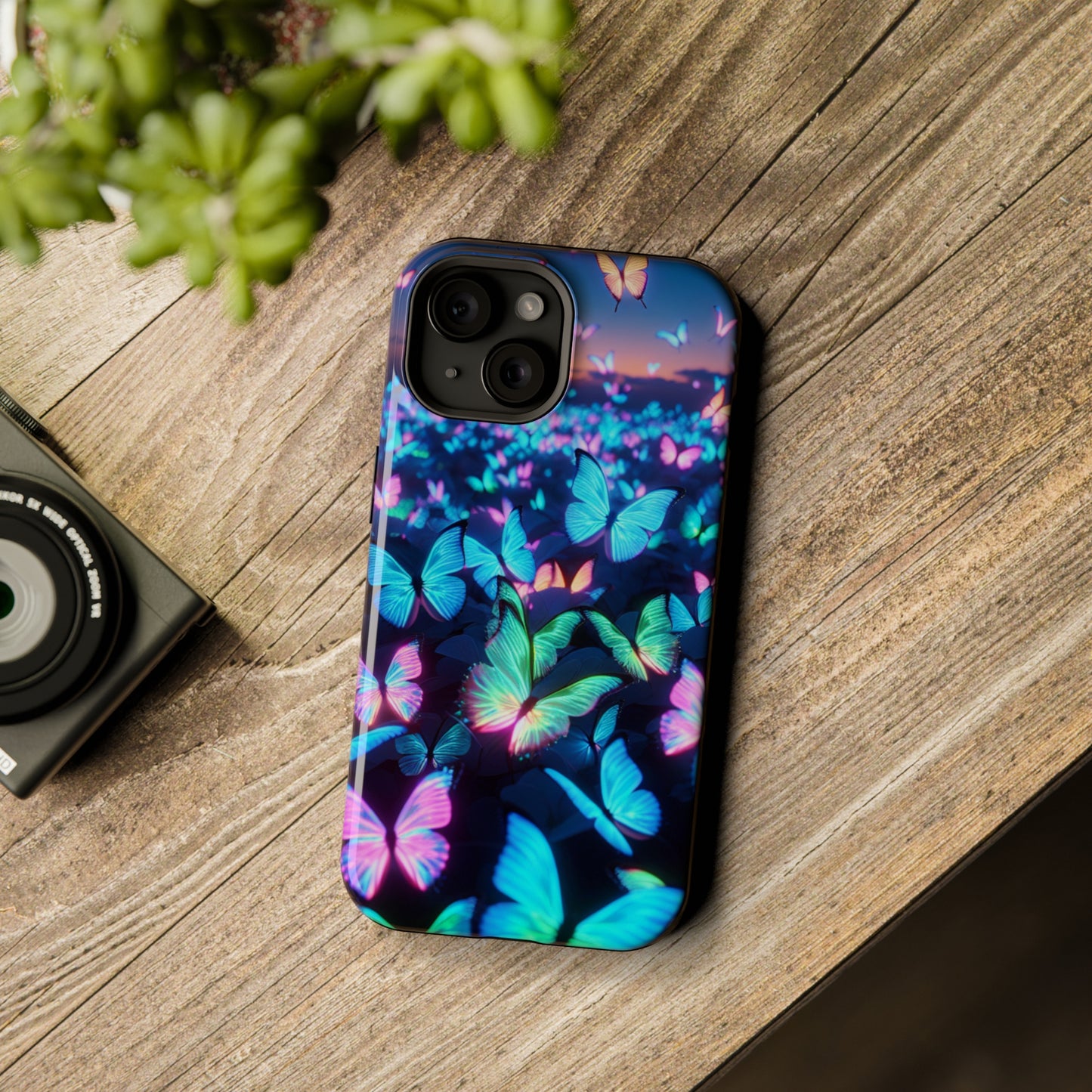 "Fantasia of Neon Butterflies" Neon Butterflies Premium Art Magsafe Magnet Tough IPhone 13 14 15 Pro Plus Max and Mini in Matte and Glossy Phone cases