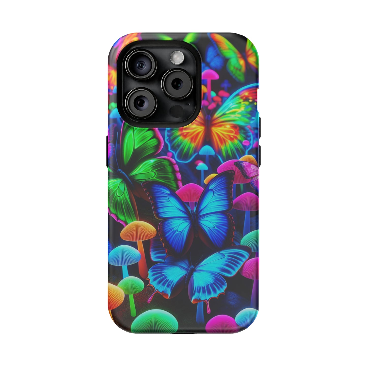 "Fantastic Fruition" Neon Butterflies and Mushrooms Premium Art Magsafe Magnet Tough IPhone 13 14 15 Pro Plus Max and Mini in Matte and Glossy Phone cases