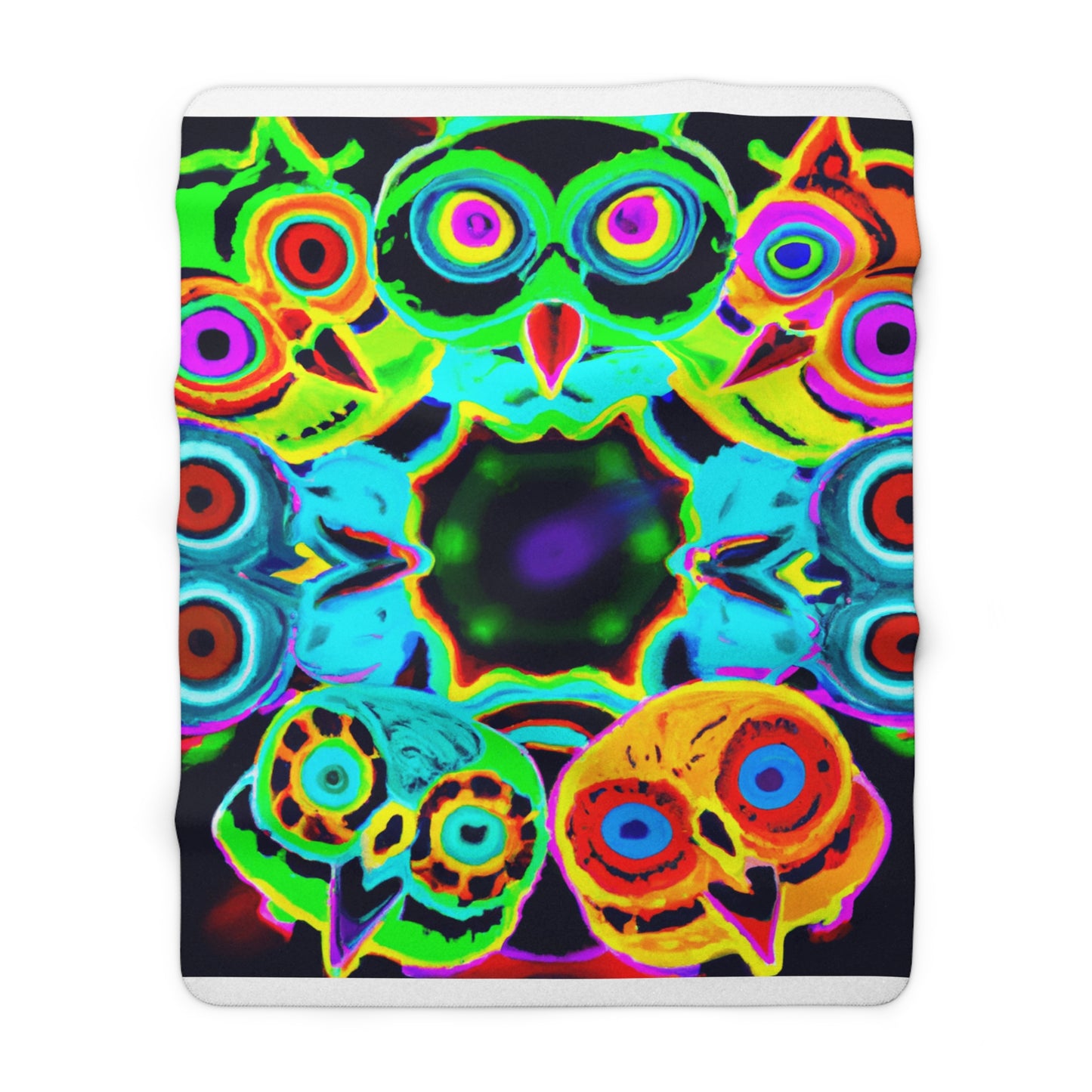 "Neon Night Owls" - NEON Owls Art Sherpa Blanket