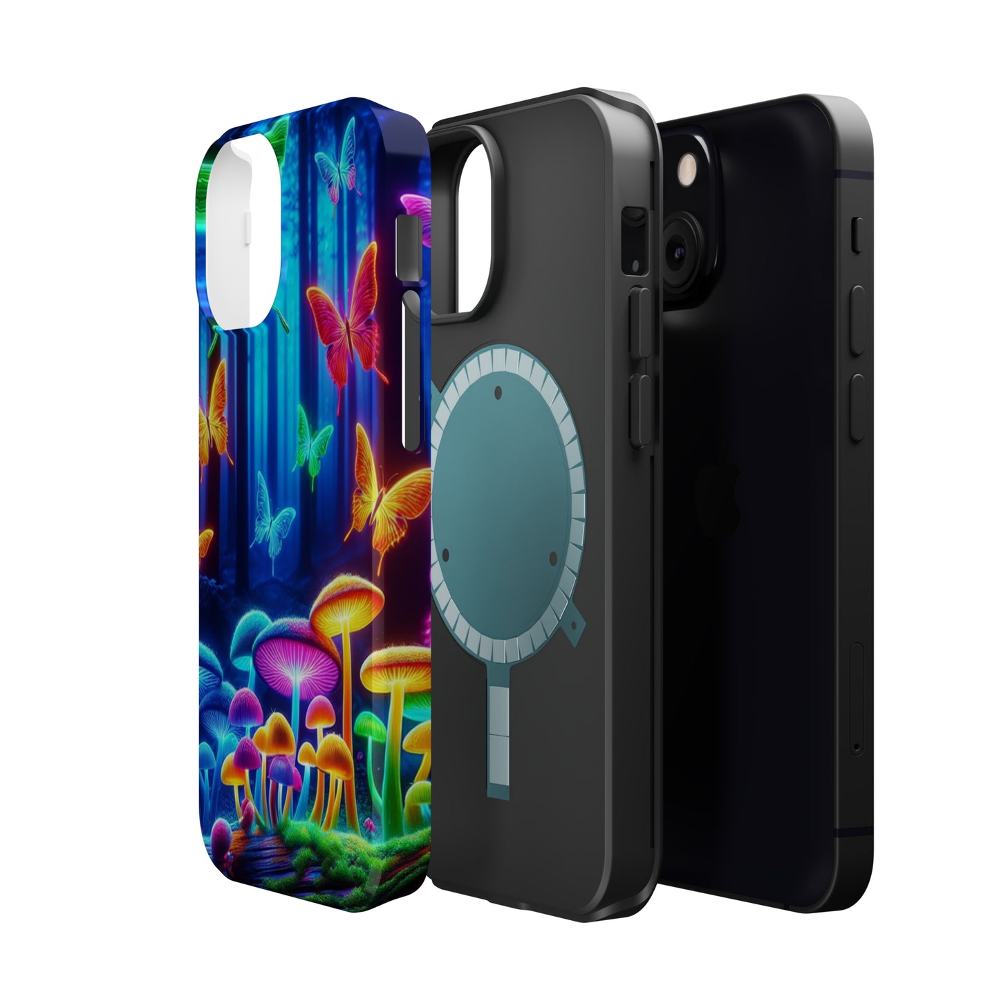 "Neon Garden Delight" Neon Butterflies and Mushrooms Premium Art Magsafe Magnet Tough IPhone 13 14 15 Pro Plus Max and Mini in Matte and Glossy Phone cases