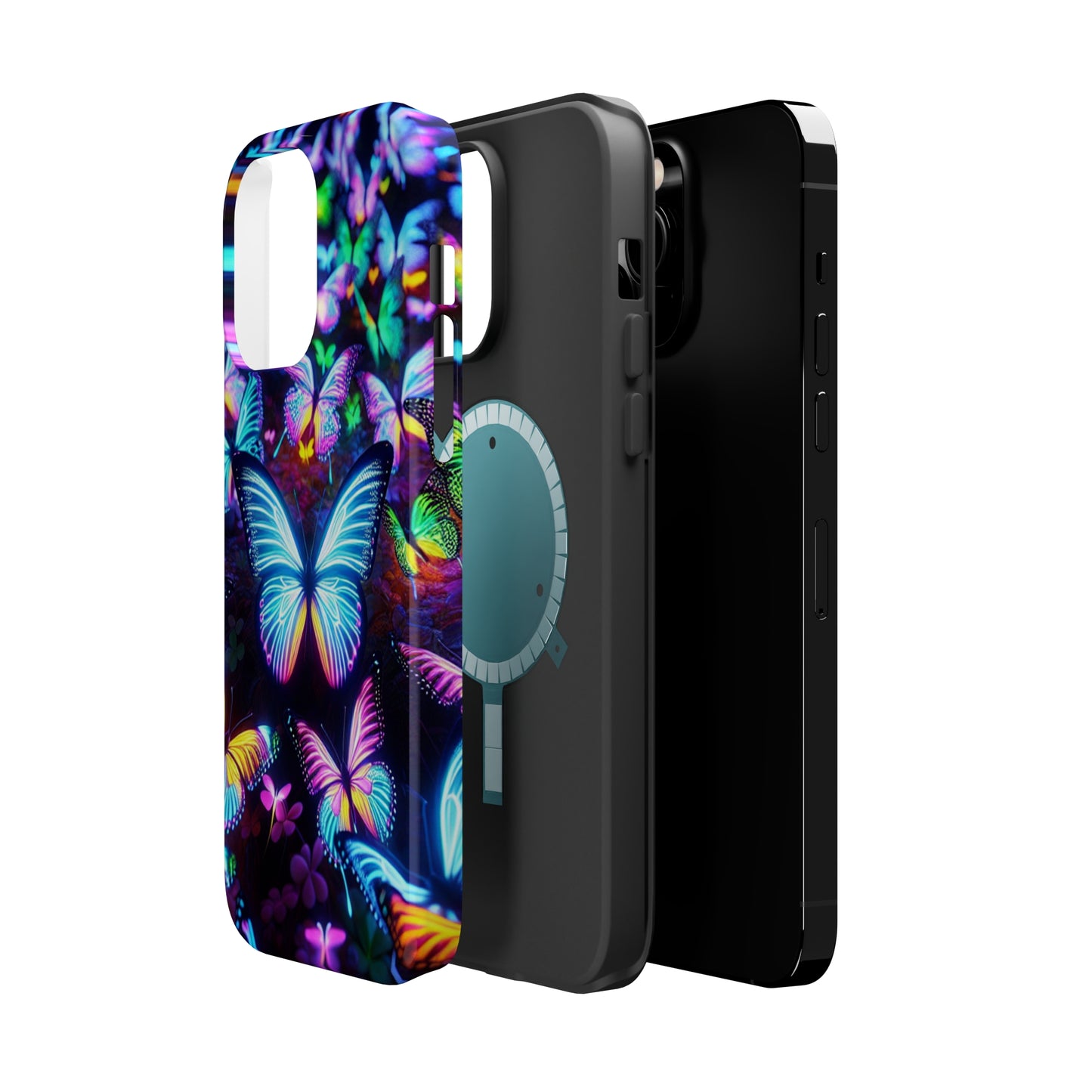 "Neon Butterflies in the Night Sky" Neon Butterflies Premium Art Magsafe Magnet Tough IPhone 13 14 15 Pro Plus Max and Mini in Matte and Glossy Phone cases