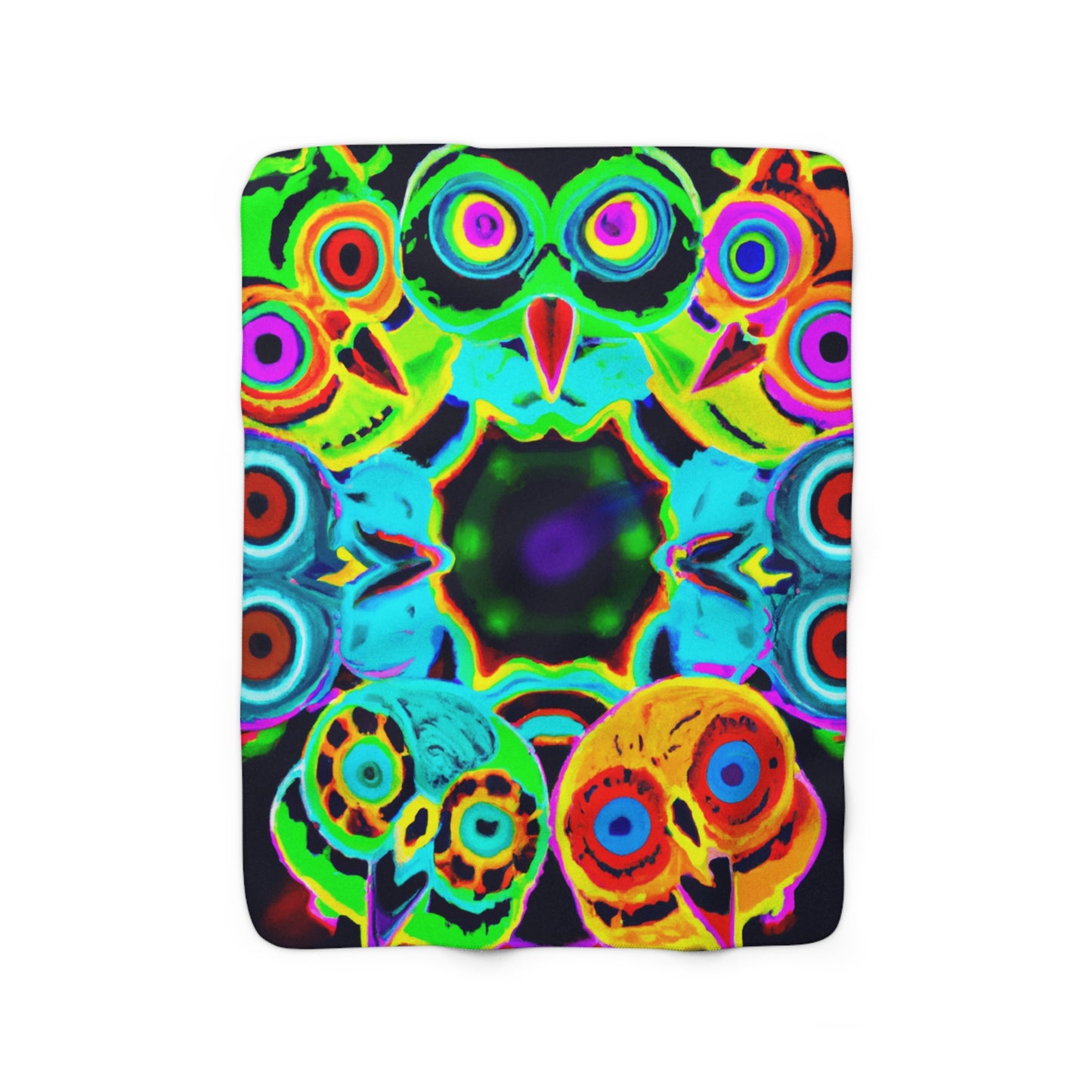 "Neon Night Owls" - NEON Owls Art Sherpa Blanket
