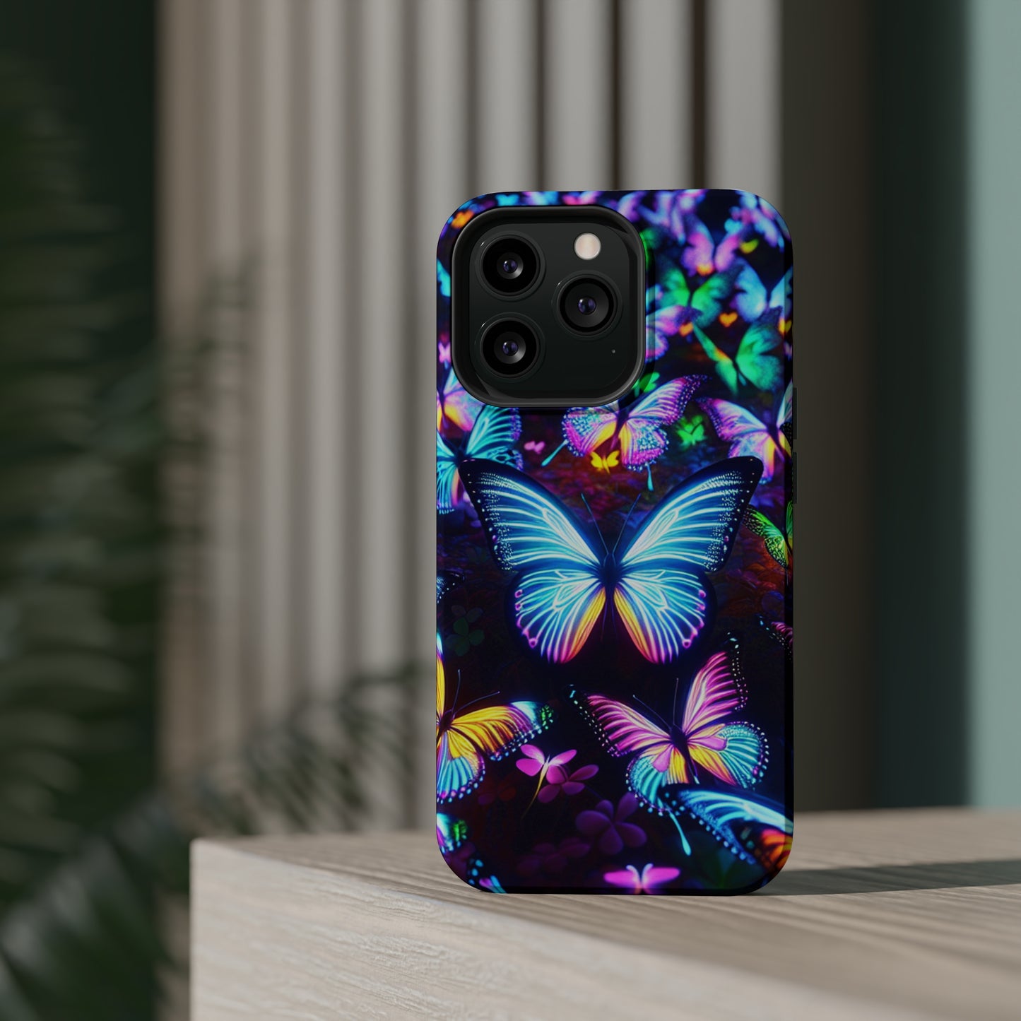 "Neon Butterflies in the Night Sky" Neon Butterflies Premium Art Magsafe Magnet Tough IPhone 13 14 15 Pro Plus Max and Mini in Matte and Glossy Phone cases
