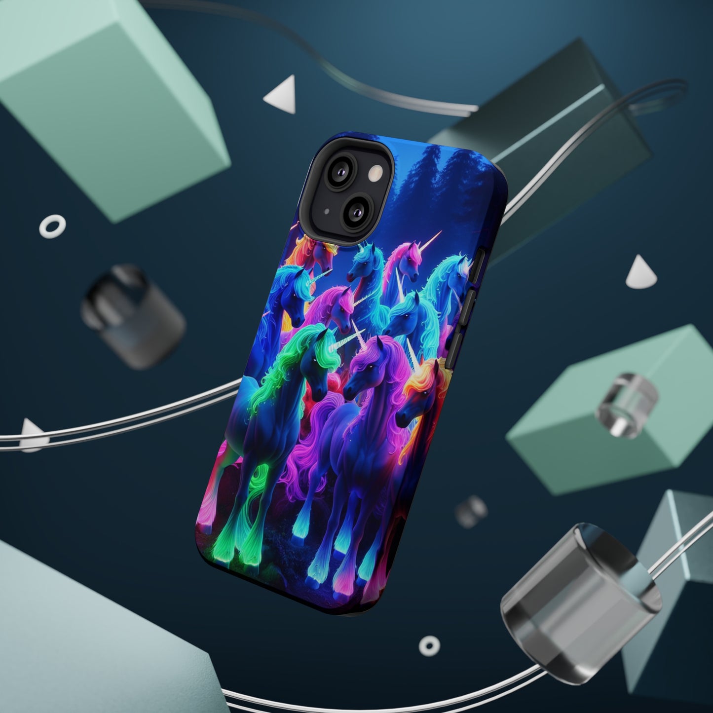 "Neon Fantasyland" Neon Unicorns Premium Art Magsafe Magnet Tough IPhone 13 14 15 Pro Plus Max and Mini in Matte and Glossy Phone cases