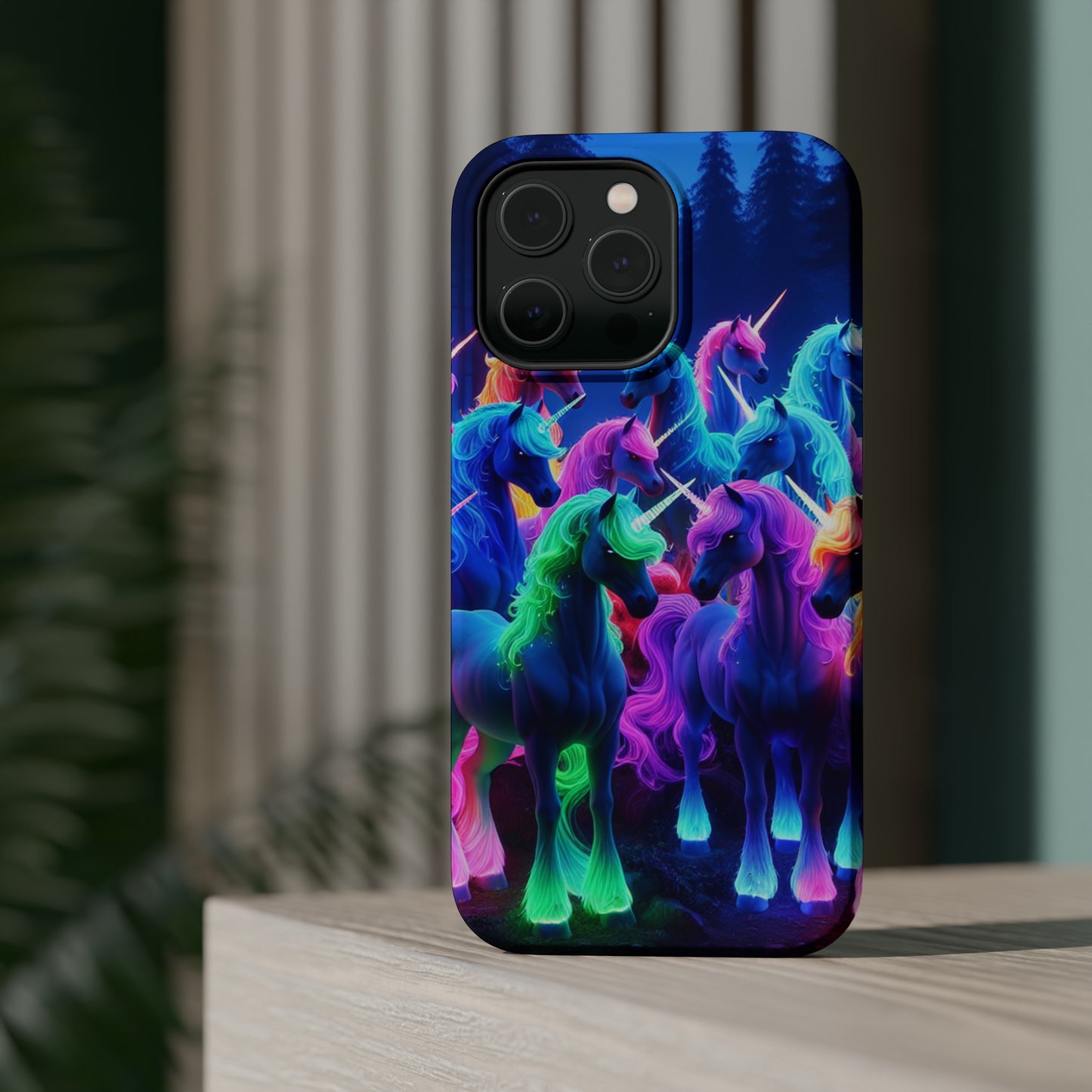 "Neon Fantasyland" Neon Unicorns Premium Art Magsafe Magnet Tough IPhone 13 14 15 Pro Plus Max and Mini in Matte and Glossy Phone cases