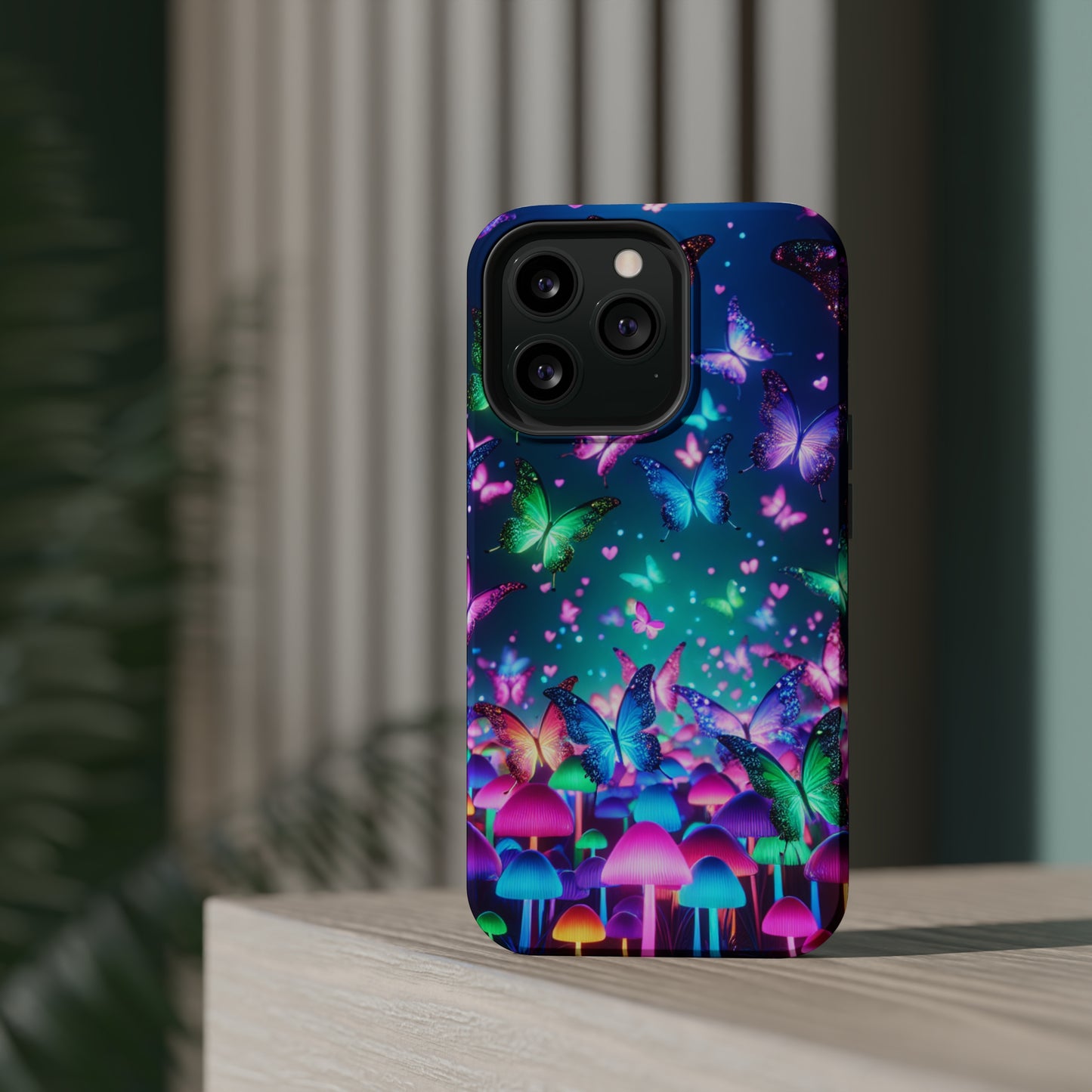 Neon Eden. Neon Butterflies and Mushrooms Premium Art Magsafe Magnet Tough IPhone 13 14 15 Pro Plus Max and Mini in Matte and Glossy Phone cases