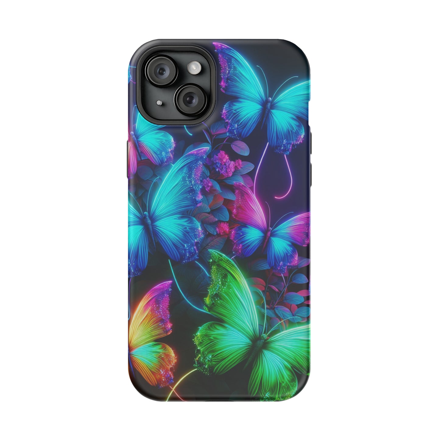 Neon Flutter Symphony Neon Butterflies Premium Art Magsafe Magnet Tough IPhone 13 14 15 Pro Plus Max and Mini in Matte and Glossy Phone cases