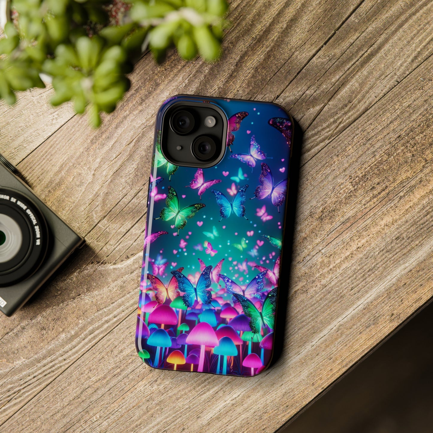 Neon Eden. Neon Butterflies and Mushrooms Premium Art Magsafe Magnet Tough IPhone 13 14 15 Pro Plus Max and Mini in Matte and Glossy Phone cases