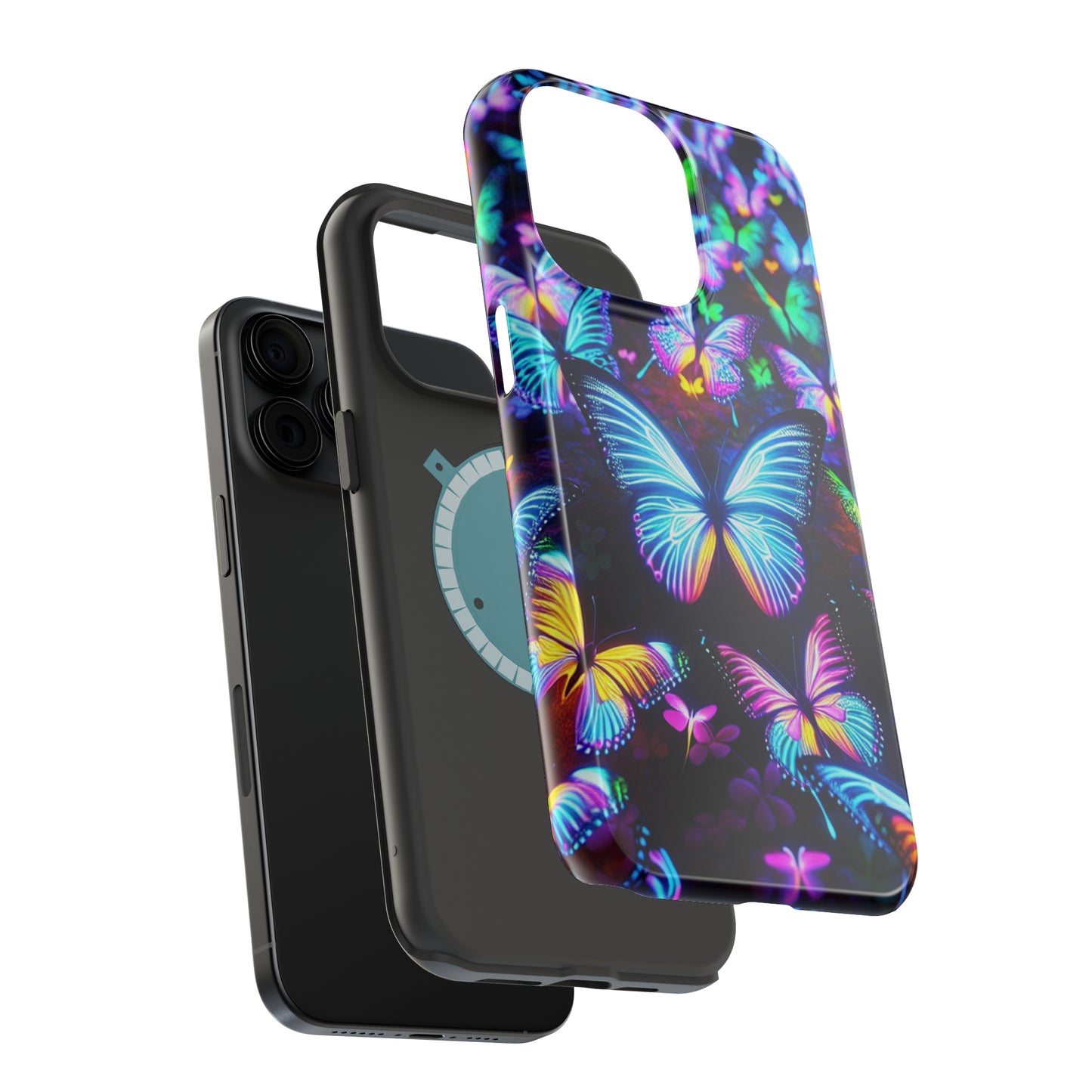 "Neon Butterflies in the Night Sky" Neon Butterflies Premium Art Magsafe Magnet Tough IPhone 13 14 15 Pro Plus Max and Mini in Matte and Glossy Phone cases