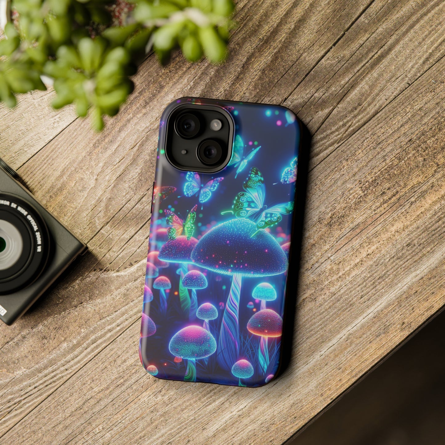 Neon Glitterbug Heaven. Neon Butterflies and Mushrooms Premium Art Magsafe Magnet Tough IPhone 13 14 15 Pro Plus Max and Mini in Matte and Glossy Phone cases