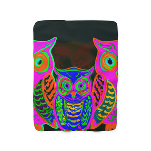 "Neon Nocturnal Night" - NEON Owls Art Sherpa Blanket