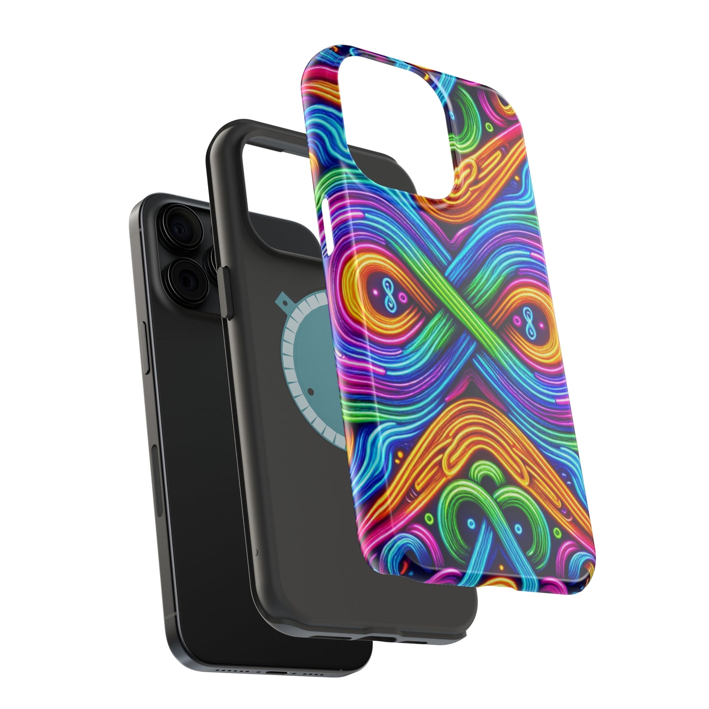 Cosmic Neon Infinity Spectacular. Neon Trippy Infinity Patterns Premium Art Magsafe Magnet Tough IPhone 13 14 15 Pro Plus Max and Mini in Matte and Glossy Phone cases