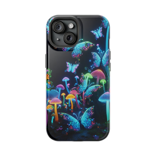 "Neon Dreamscape" Neon Butterflies and Mushrooms Premium Art Magsafe Magnet Tough IPhone 13 14 15 Pro Plus Max and Mini in Matte and Glossy Phone cases