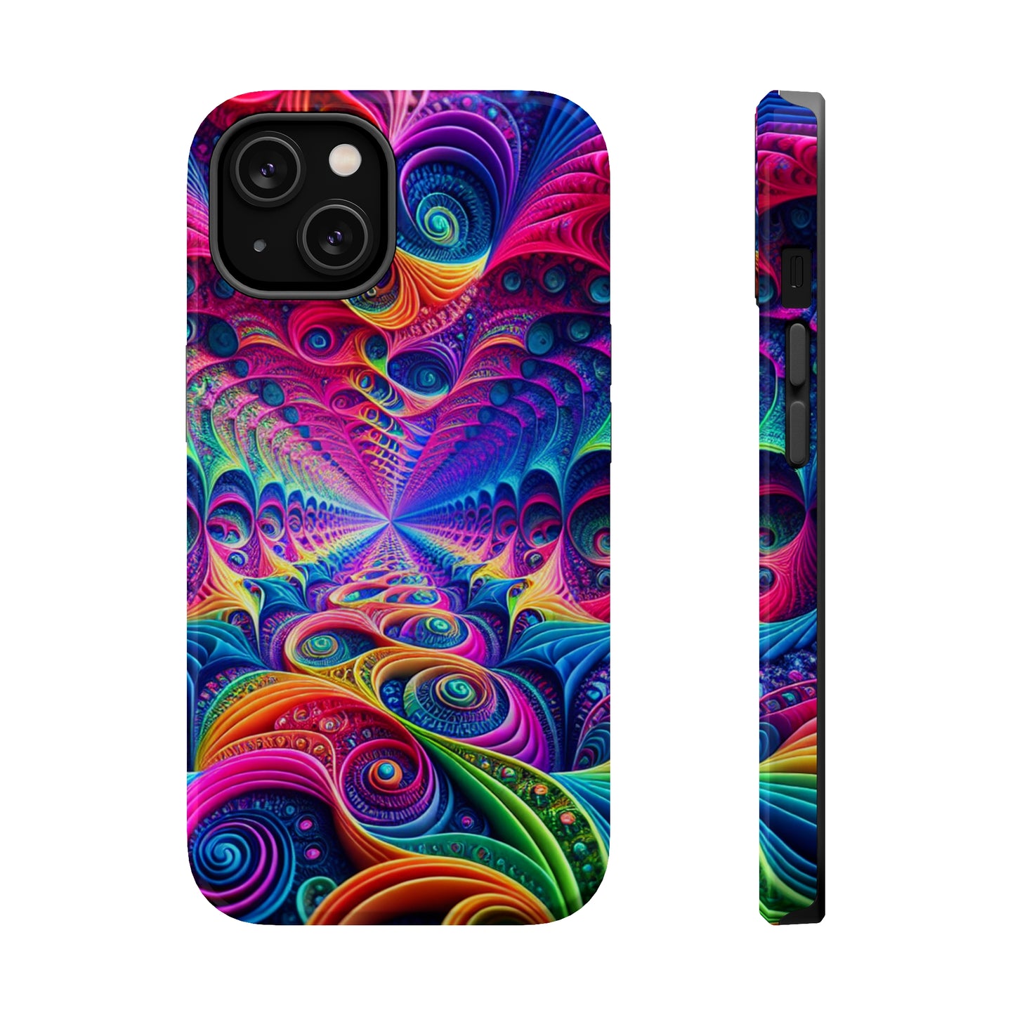 Cosmic Electric Rainbow Frenzy. Neon Trippy Infinity Patterns Premium Art Magsafe Magnet Tough IPhone 13 14 15 Pro Plus Max and Mini in Matte and Glossy Phone cases