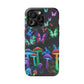 "Neon Burst Wonderland". Neon Butterflies and Mushrooms Premium Art Magsafe Magnet Tough IPhone 13 14 15 Pro Plus Max and Mini in Matte and Glossy Phone cases