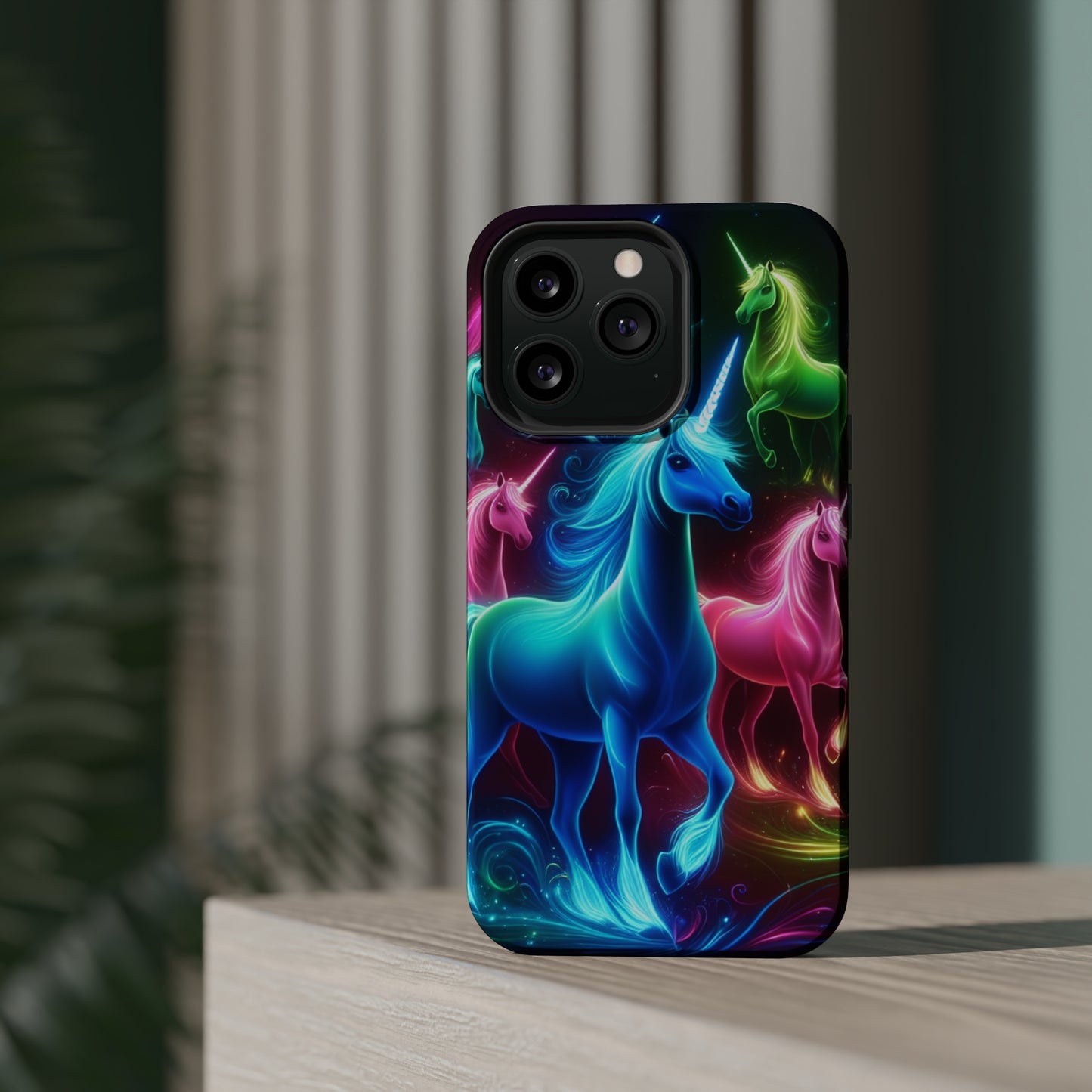 Neon Rainbow Herd. Neon Unicorns Premium Art Magsafe Magnet Tough IPhone 13 14 15 Pro Plus Max and Mini in Matte and Glossy Phone cases