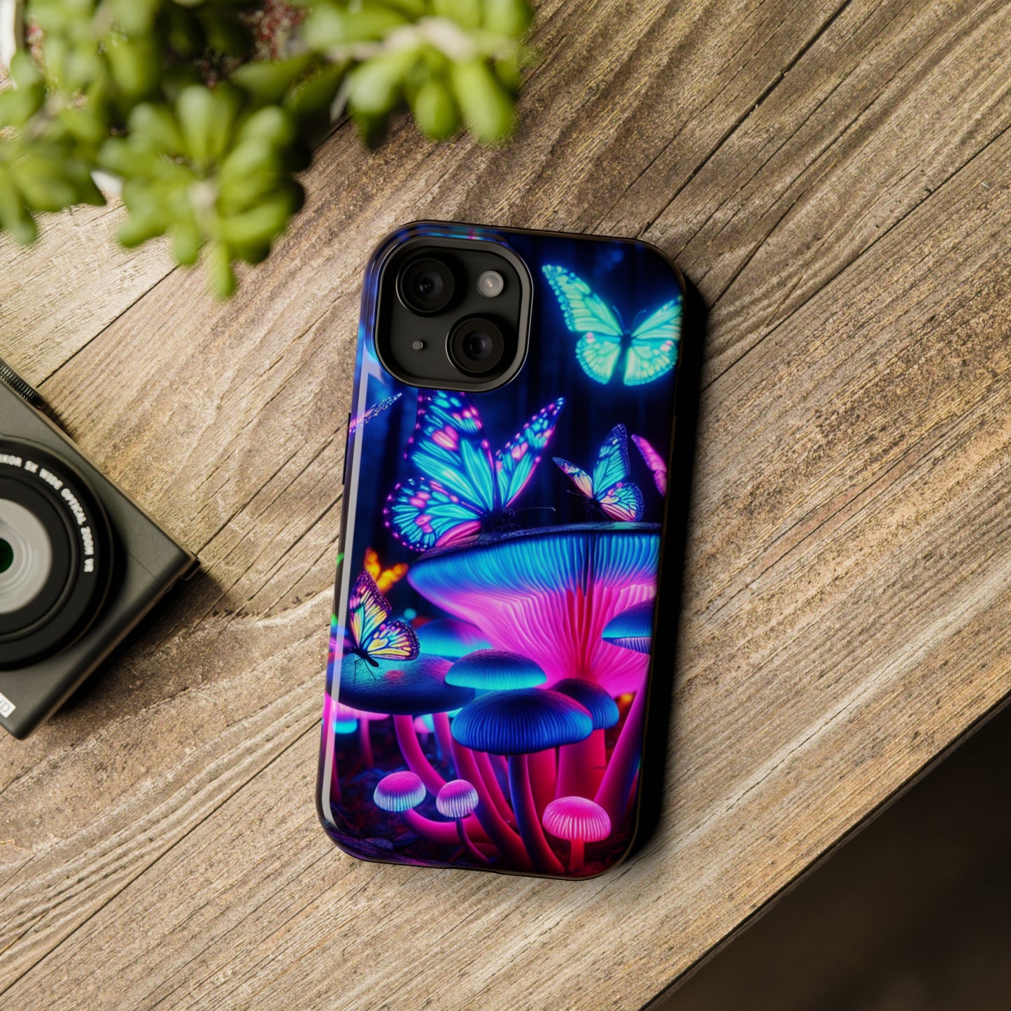 Neon Fantasy Garden Neon Butterflies and Mushrooms Premium Art Magsafe Magnet Tough IPhone 13 14 15 Pro Plus Max and Mini in Matte and Glossy Phone cases