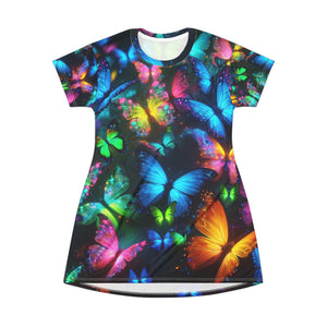 "Glow Flutter's Symphony" Neon Butterflies Womans T Shirt Dress