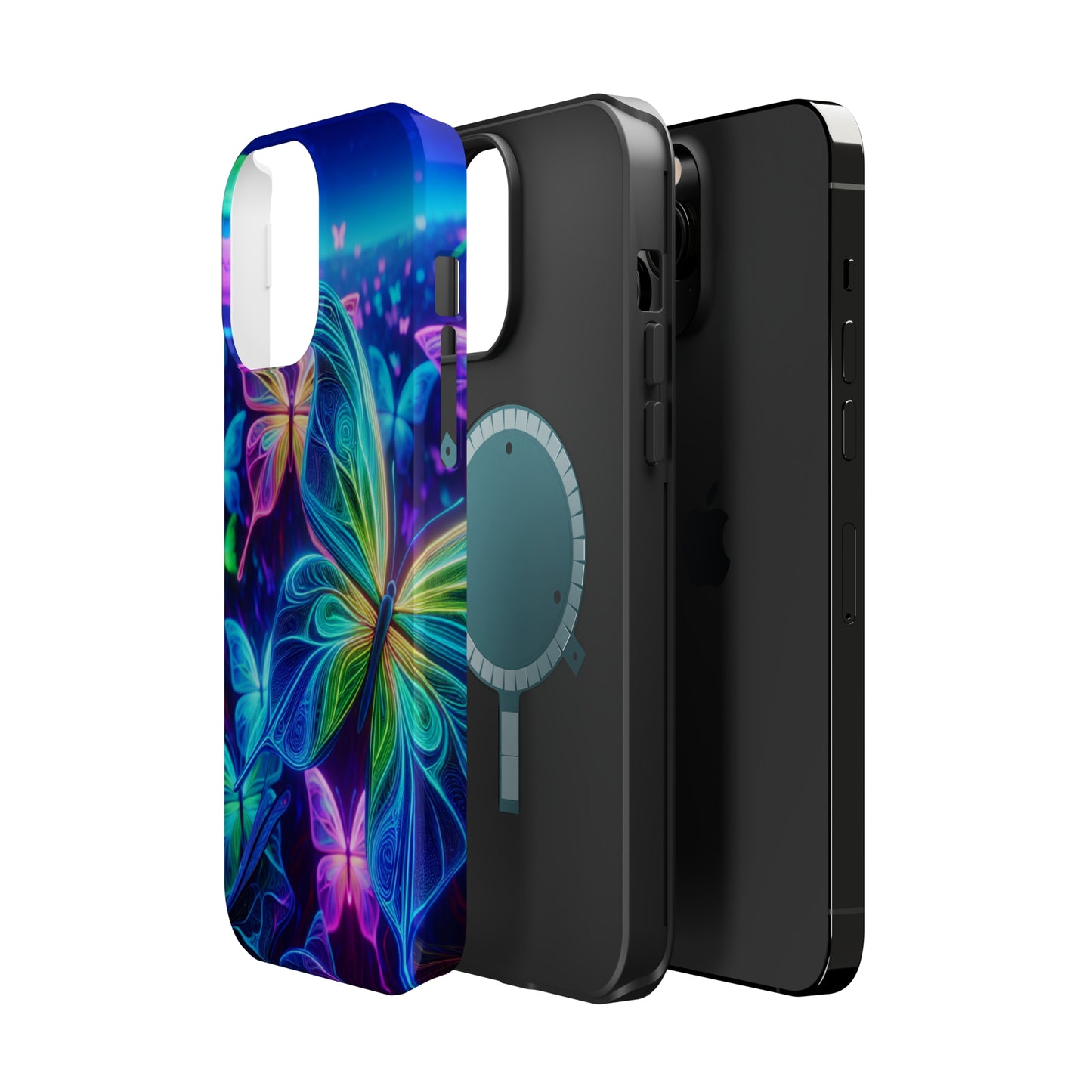 'Serene Spectacle of Neon Butterflies' Neon Butterflies Premium Art Magsafe Magnet Tough IPhone 13 14 15 Pro Plus Max and Mini in Matte and Glossy Phone cases