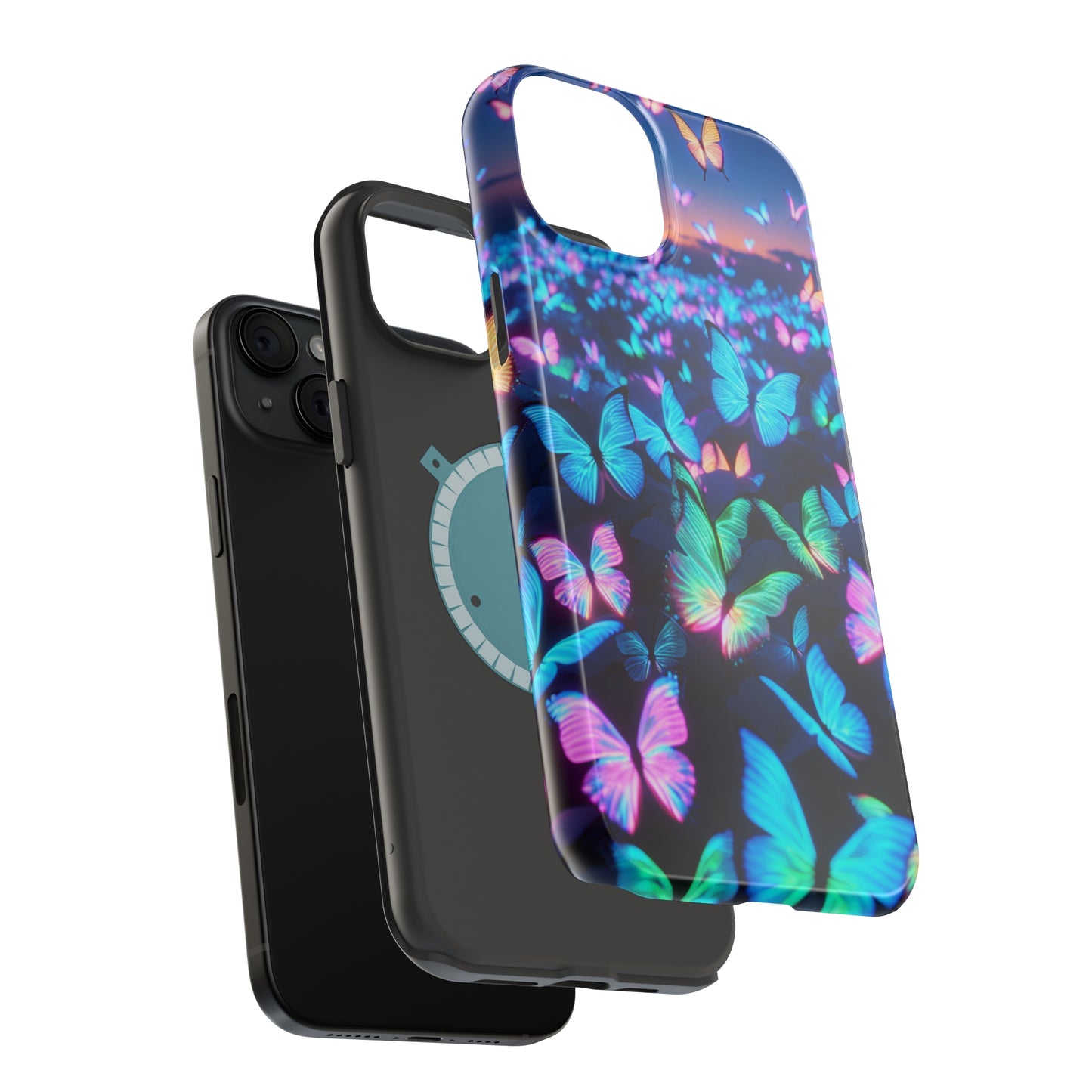 "Fantasia of Neon Butterflies" Neon Butterflies Premium Art Magsafe Magnet Tough IPhone 13 14 15 Pro Plus Max and Mini in Matte and Glossy Phone cases