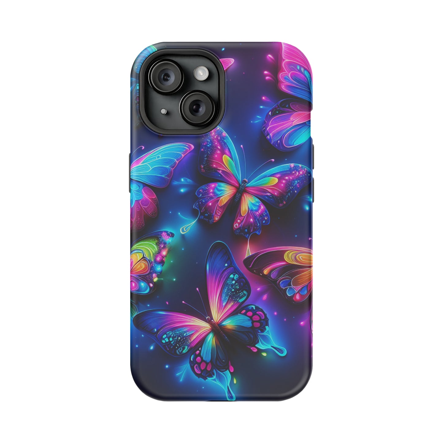 "Neon Butterfly Muster" Neon Butterflies Premium Art Magsafe Magnet Tough IPhone 13 14 15 Pro Plus Max and Mini in Matte and Glossy Phone cases