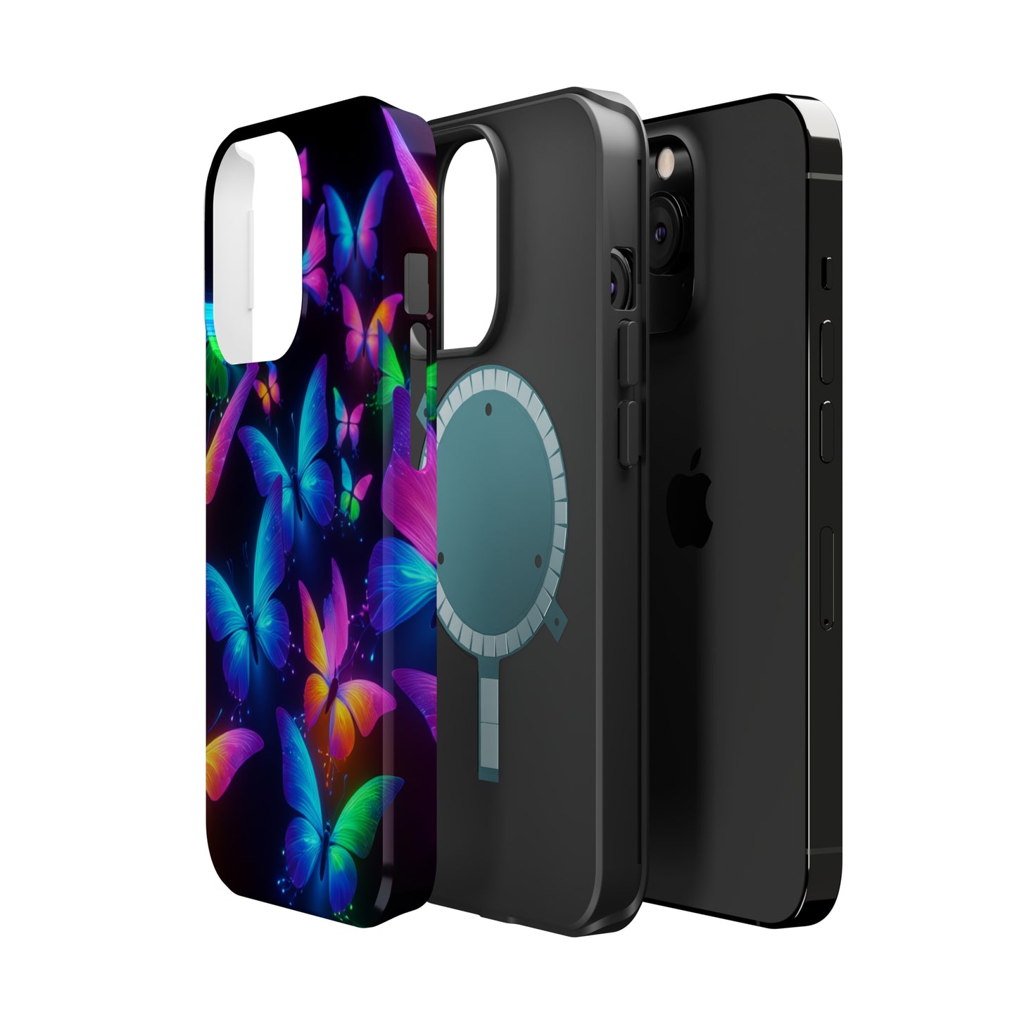 "Vibrant Neon Flutter" Neon Butterflies Premium Art Magsafe Magnet Tough IPhone 13 14 15 Pro Plus Max and Mini in Matte and Glossy Phone cases