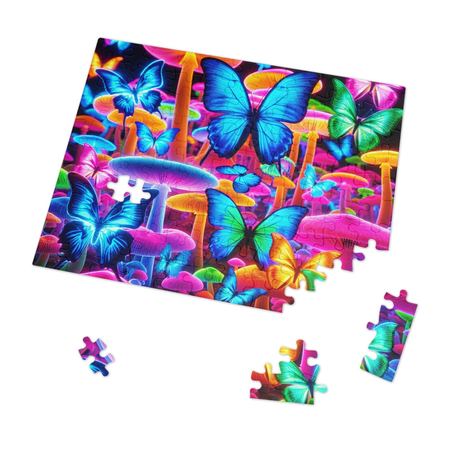 Neon Splendor. - Neon Butterflies and Mushrooms Puzzle 30, 110, 252, and 1000 Pieces