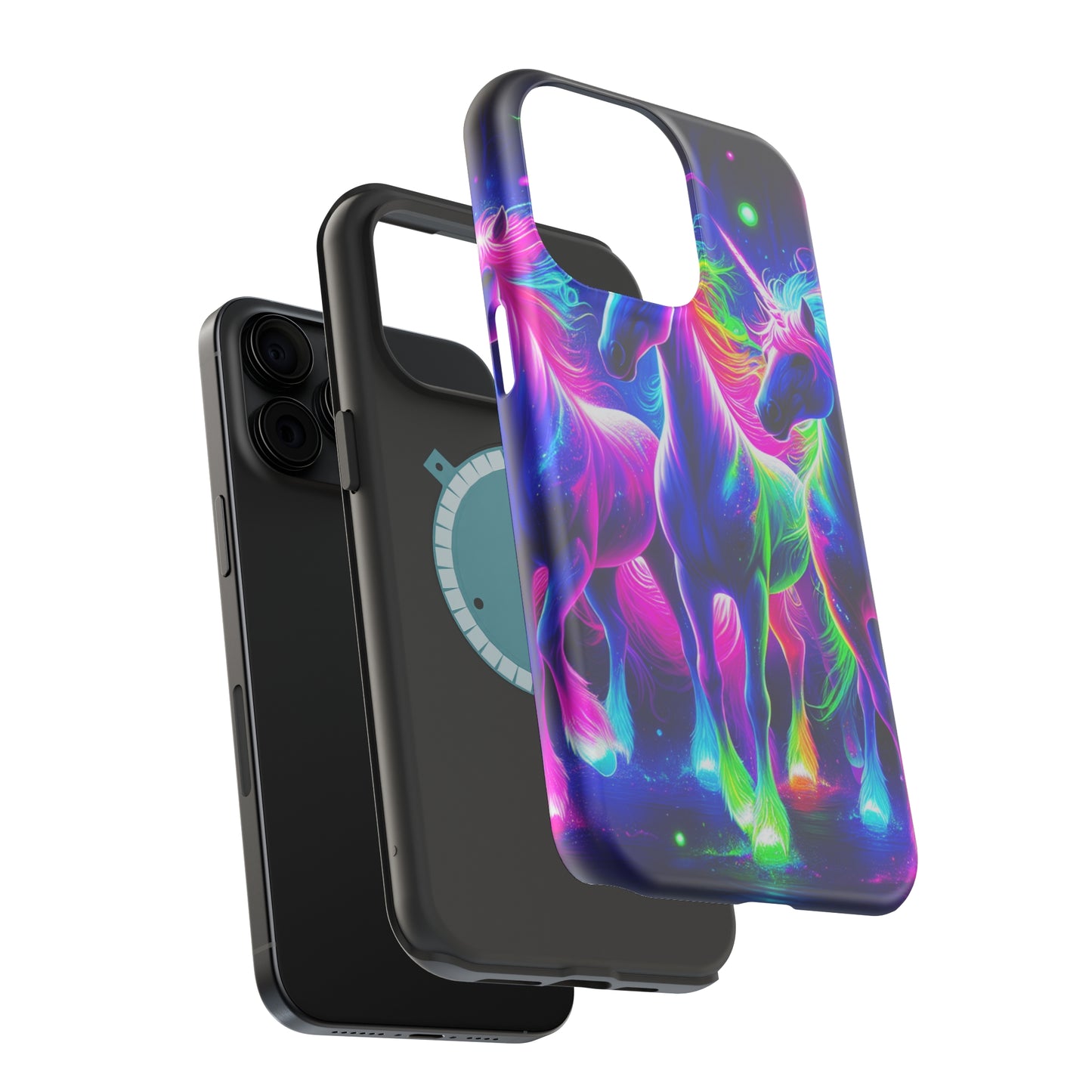 "Uni-Neon Fantasy" Neon Unicorns Premium Art Magsafe Magnet Tough IPhone 13 14 15 Pro Plus Max and Mini in Matte and Glossy Phone cases