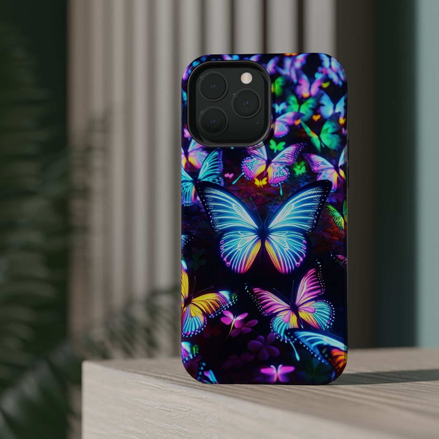 "Neon Butterflies in the Night Sky" Neon Butterflies Premium Art Magsafe Magnet Tough IPhone 13 14 15 Pro Plus Max and Mini in Matte and Glossy Phone cases