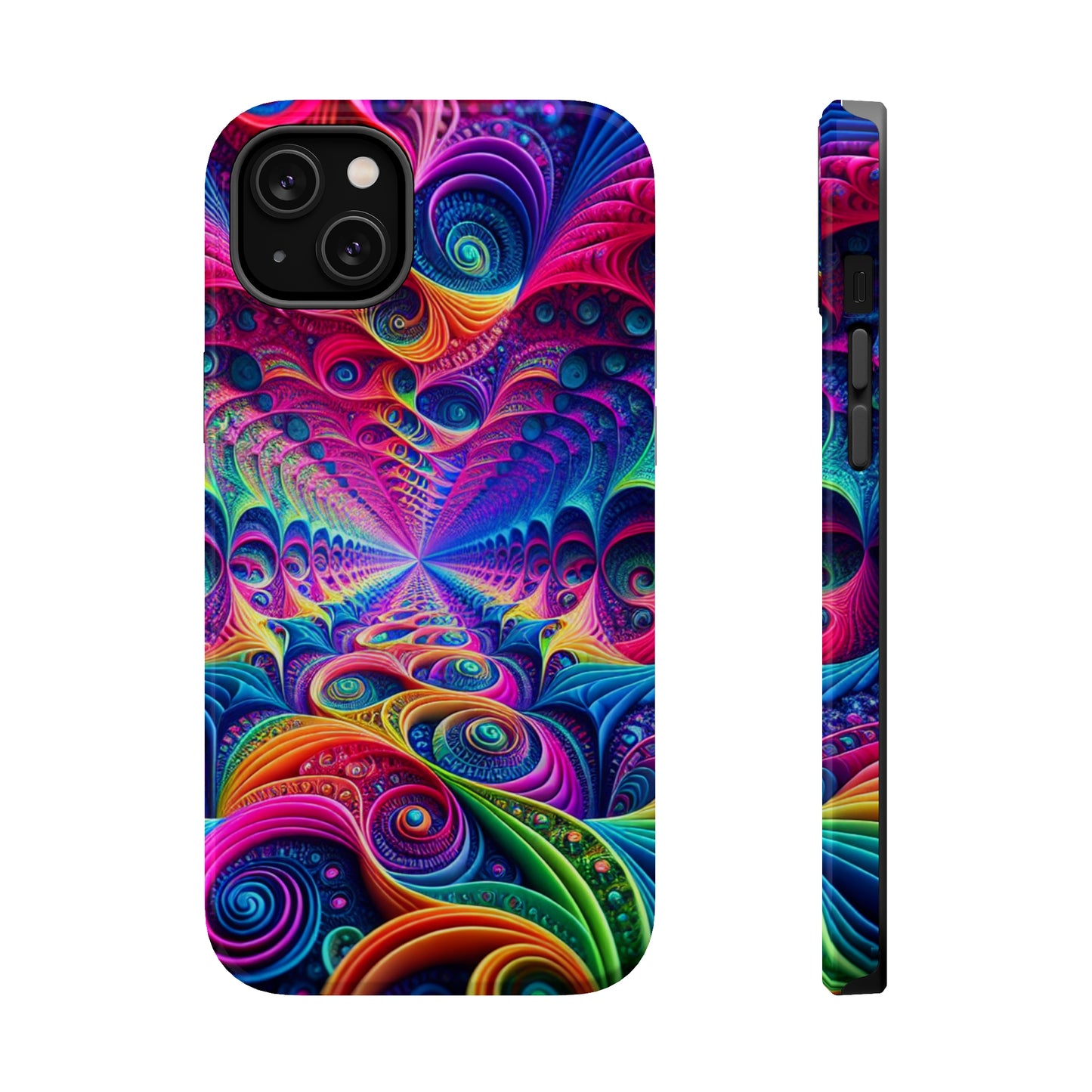 Cosmic Electric Rainbow Frenzy. Neon Trippy Infinity Patterns Premium Art Magsafe Magnet Tough IPhone 13 14 15 Pro Plus Max and Mini in Matte and Glossy Phone cases