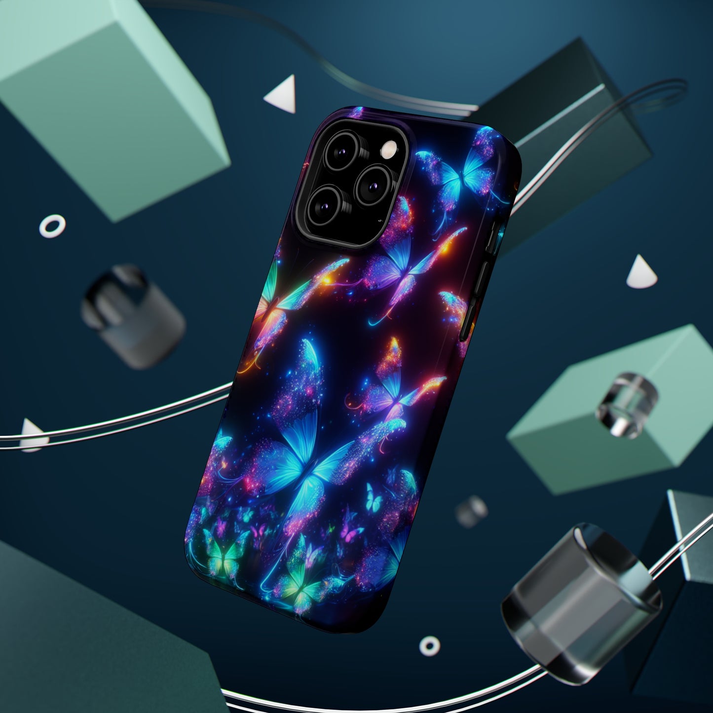 "Electrically Vivid Reverie" Neon Butterflies Premium Art Magsafe Magnet Tough IPhone 13 14 15 Pro Plus Max and Mini in Matte and Glossy Phone cases