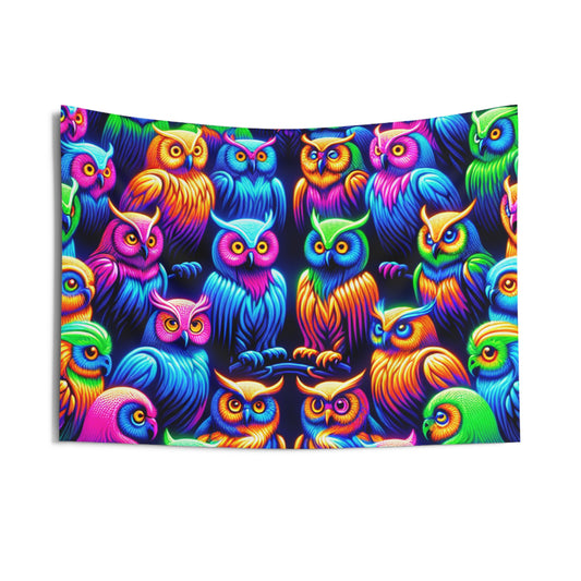 Neon Nocturnal Clowder NEON Owls Art Tapestry