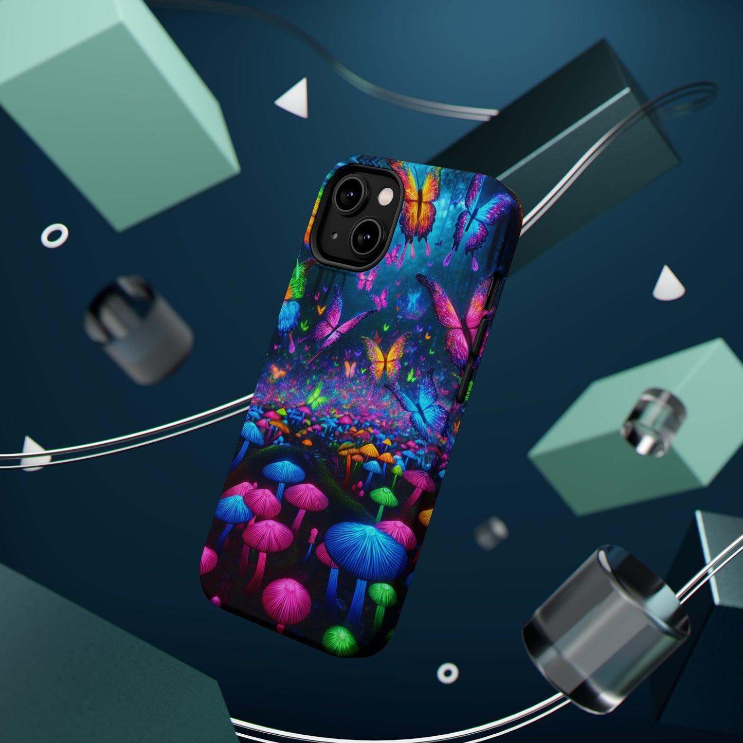 Neon Fruition Neon Butterflies and Mushrooms Premium Art Magsafe Magnet Tough IPhone 13 14 15 Pro Plus Max and Mini in Matte and Glossy Phone cases