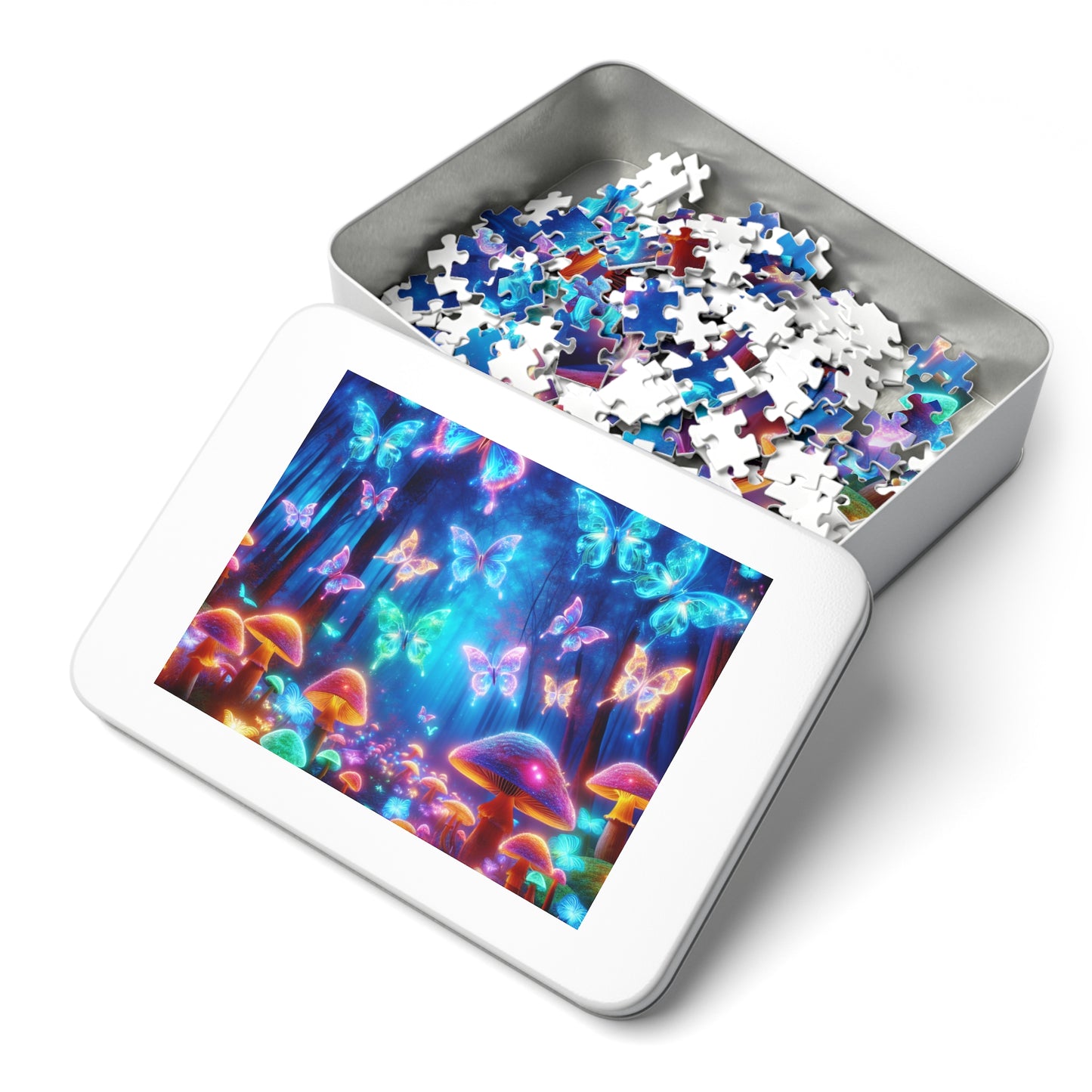 'Vibrant Neon Dreamscape' - Neon Butterflies and Mushrooms Puzzle 30, 110, 252, and 1000 Pieces