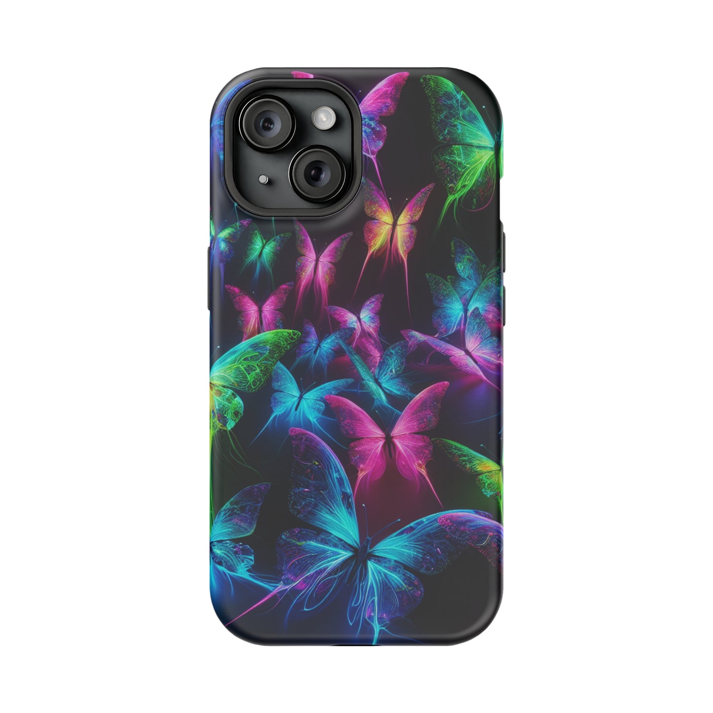 'Euphoria in Neon Flight' Neon Butterflies Premium Art Magsafe Magnet Tough IPhone 13 14 15 Pro Plus Max and Mini in Matte and Glossy Phone cases