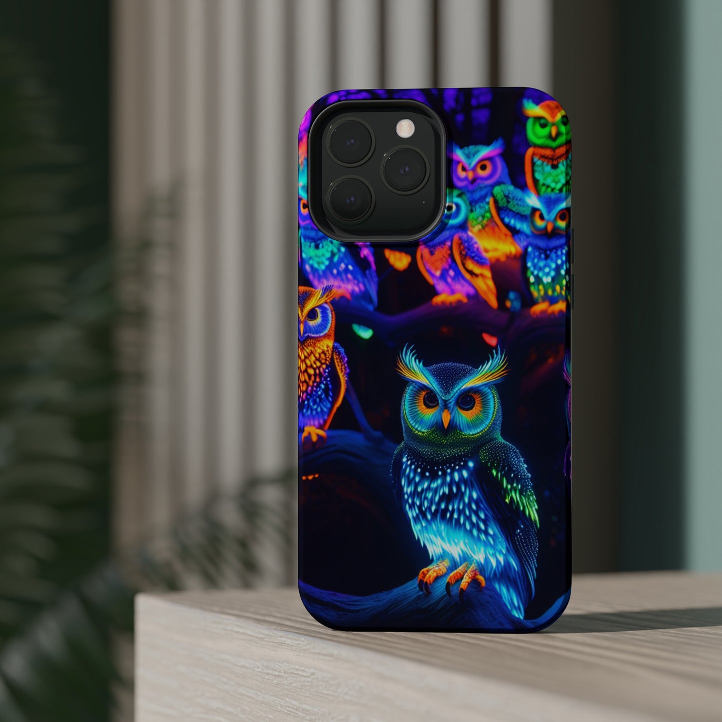 Glowing Neon Clan. Neon Owls Premium Art Magsafe Magnet Tough IPhone 13 14 15 Pro Plus Max and Mini in Matte and Glossy Phone cases