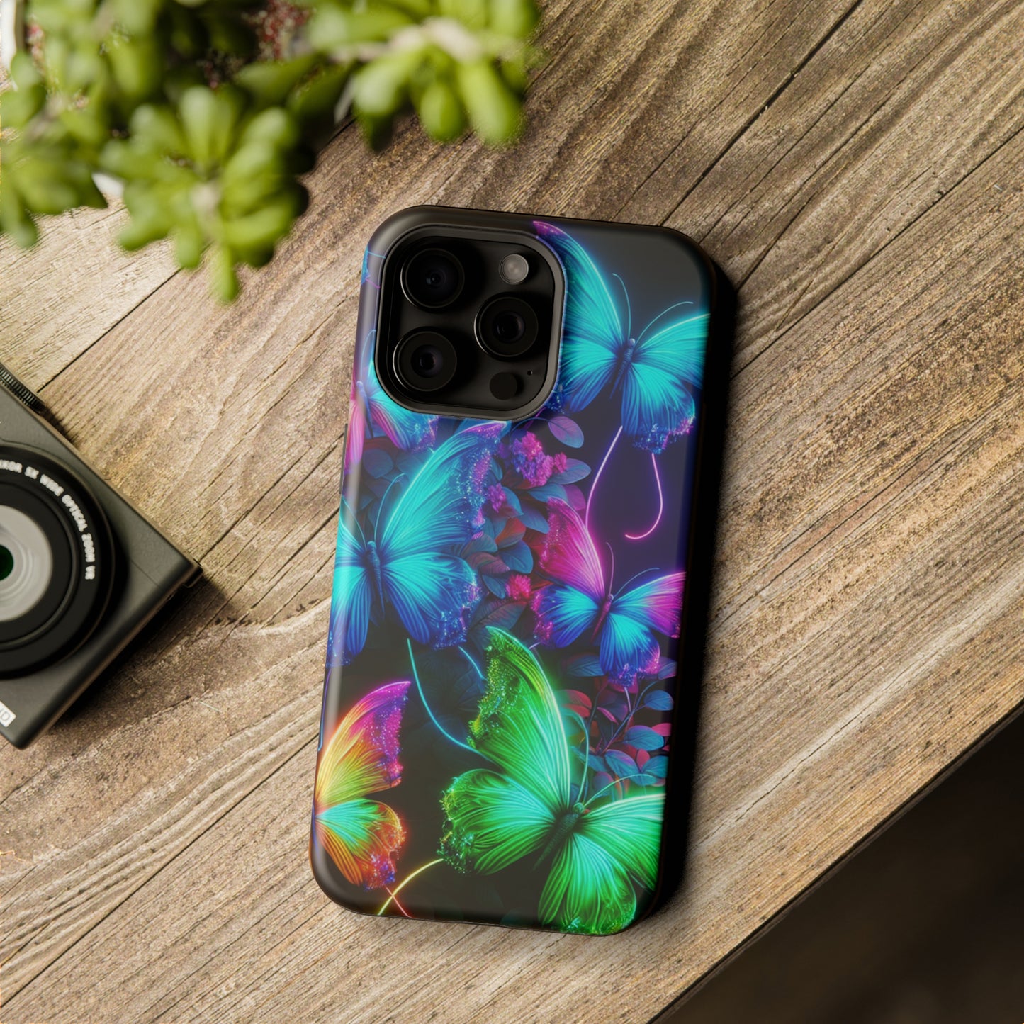 Neon Flutter Symphony Neon Butterflies Premium Art Magsafe Magnet Tough IPhone 13 14 15 Pro Plus Max and Mini in Matte and Glossy Phone cases