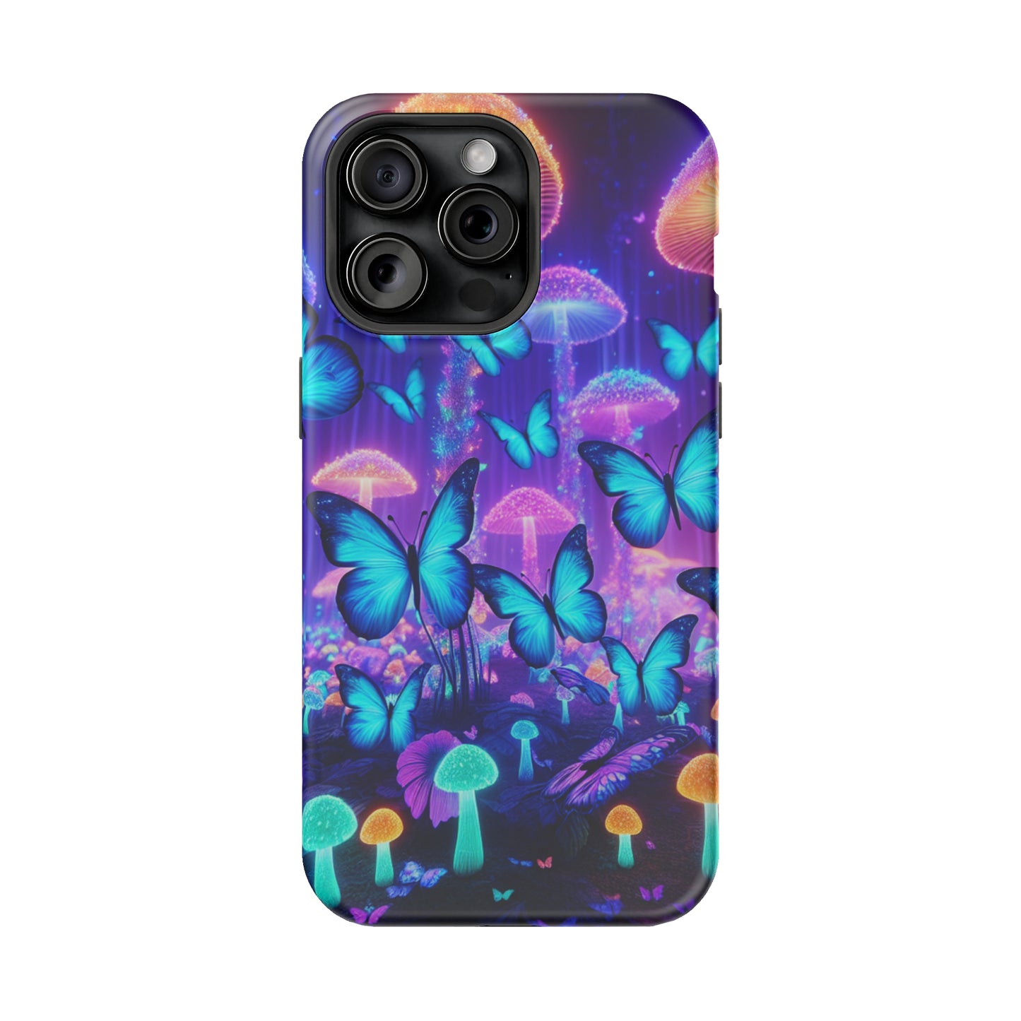 Neon Delight Landscape Neon Butterflies and Mushrooms Premium Art Magsafe Magnet Tough IPhone 13 14 15 Pro Plus Max and Mini in Matte and Glossy Phone cases